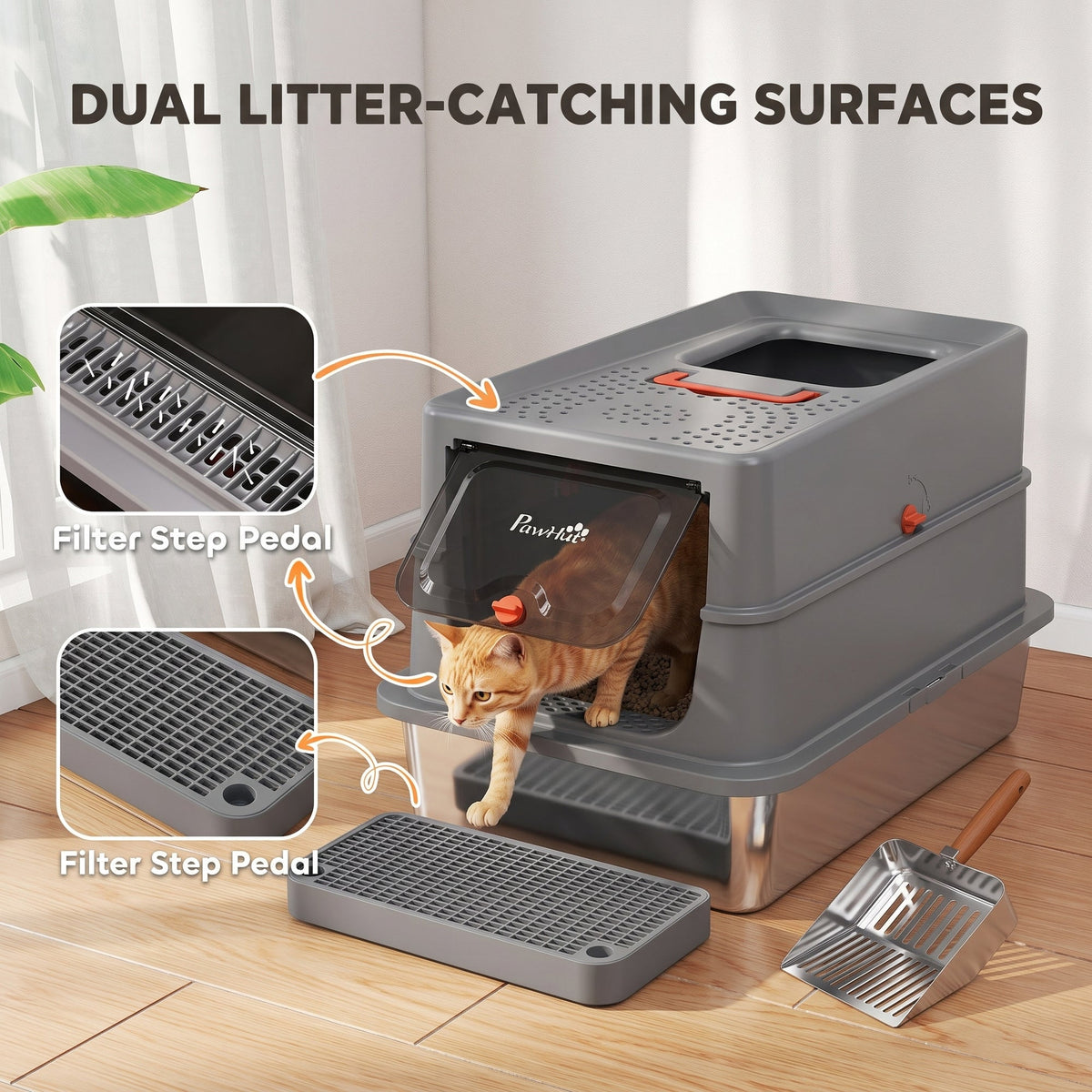Stainless Steel Cat Litter Tray with Lid, XL 90L Enclosed Cat Litter Box with Step, Scoop, High Side, Front and Top Dual Entry, Easy to Clean, 60 x 40 x 40 cm, Dark Grey