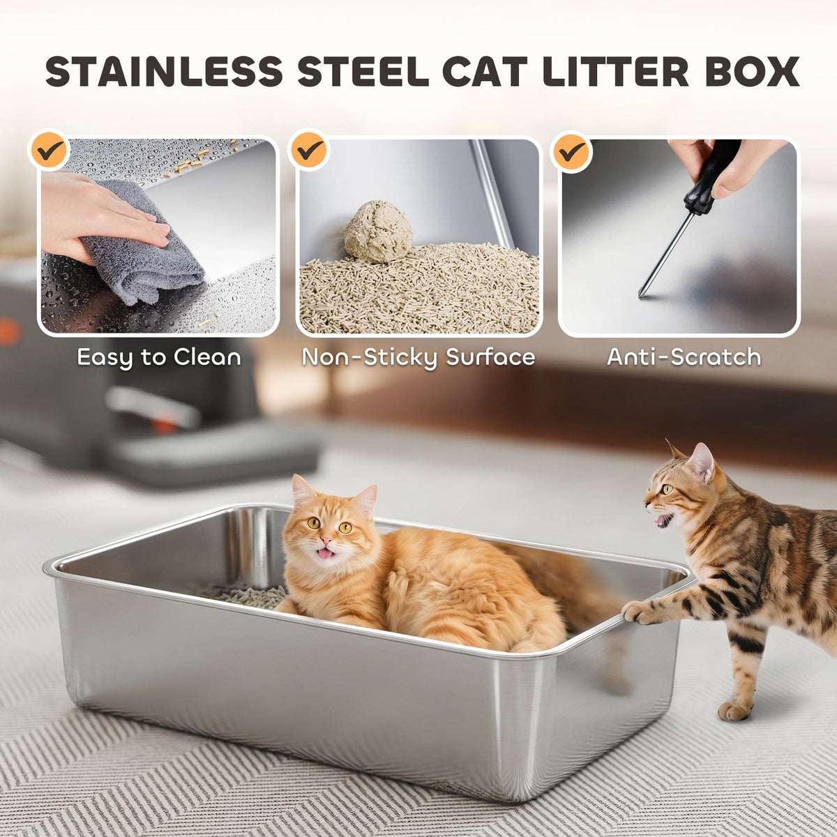 Stainless Steel Cat Litter Tray with Lid, XL 90L Enclosed Cat Litter Box with Step, Scoop, High Side, Front and Top Dual Entry, Easy to Clean, 60 x 40 x 40 cm, Dark Grey