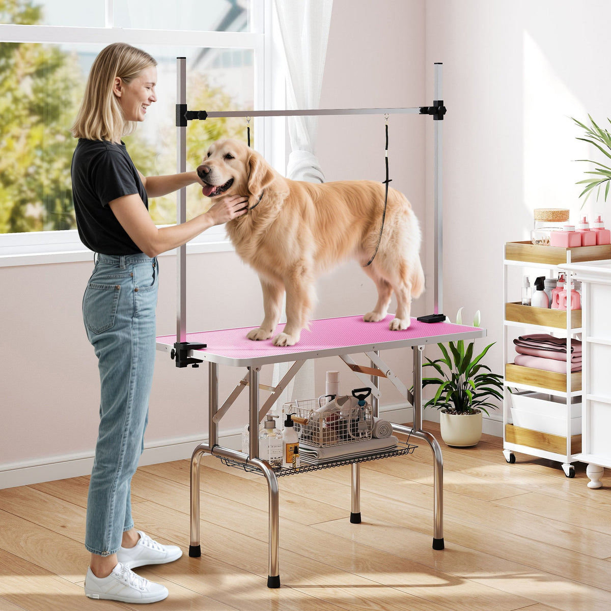 42" Foldable Dog Grooming Table Adjustable Pet Cat Drying Beauty Table Rubber Top with 2 Loops Storage Basket Metal Pink