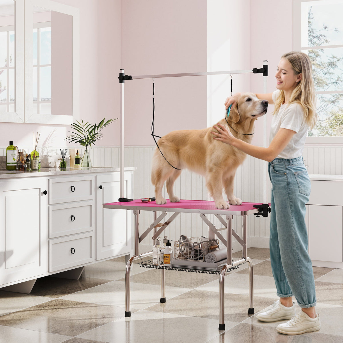 42" Foldable Dog Grooming Table Adjustable Pet Cat Drying Beauty Table Rubber Top with 2 Loops Storage Basket Metal Pink