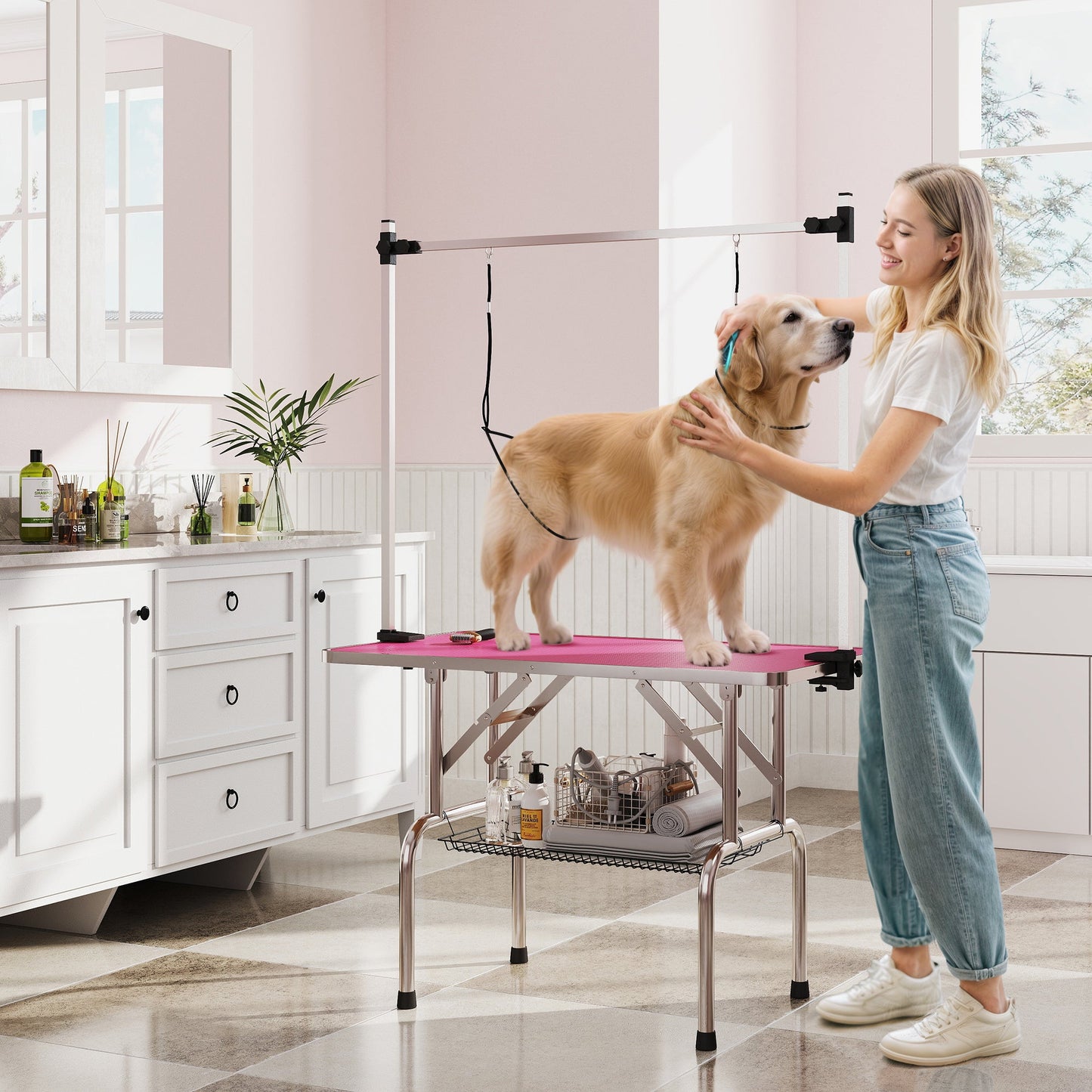 42" Foldable Dog Grooming Table Adjustable Pet Cat Drying Beauty Table Rubber Top with 2 Loops Storage Basket Metal Pink