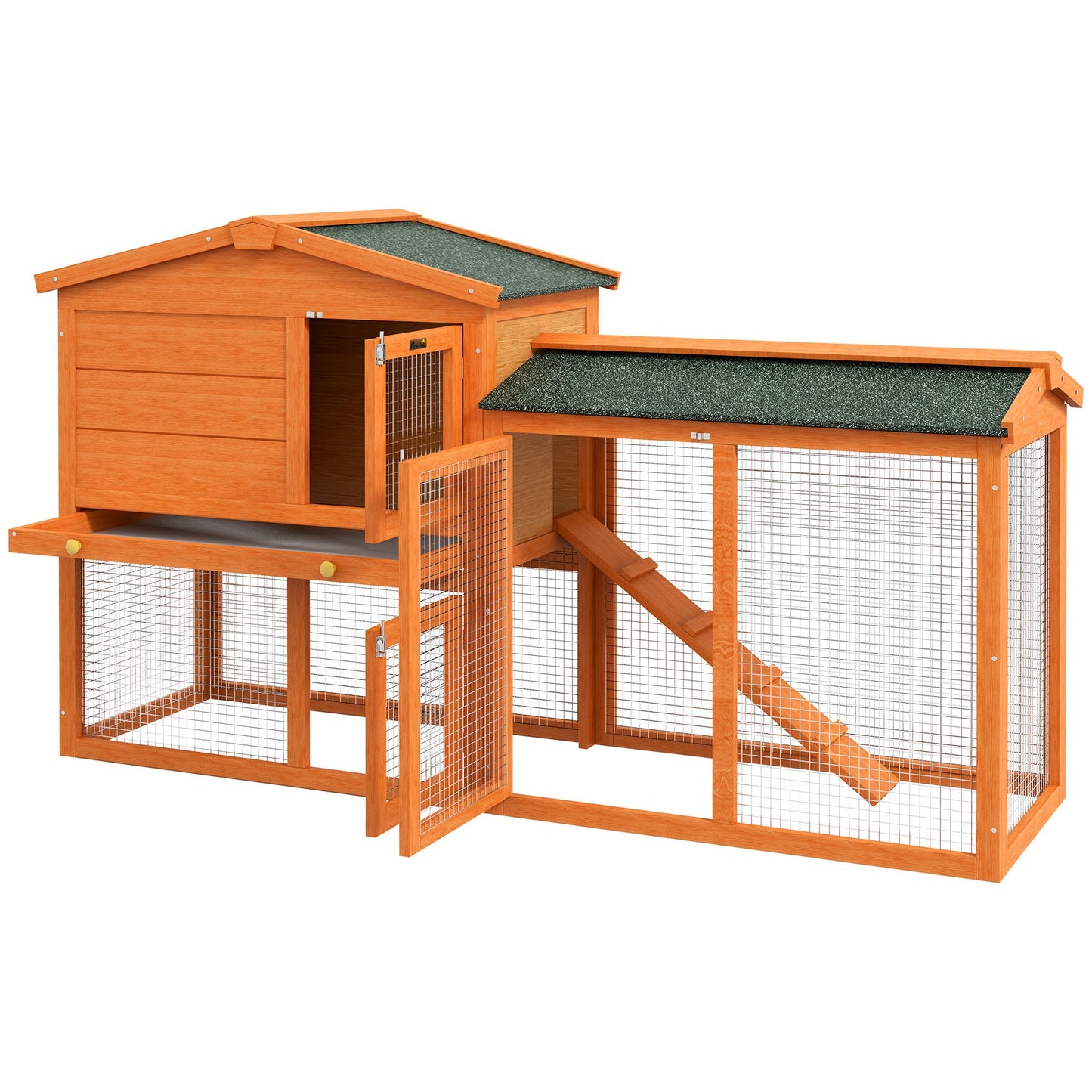 Rabbit Hutch Outdoor, 2 Tier Guinea Pig Hutch with Run, Ramp, Slide-out Tray, Asphalt Roof, 150 x 45 x 85cm