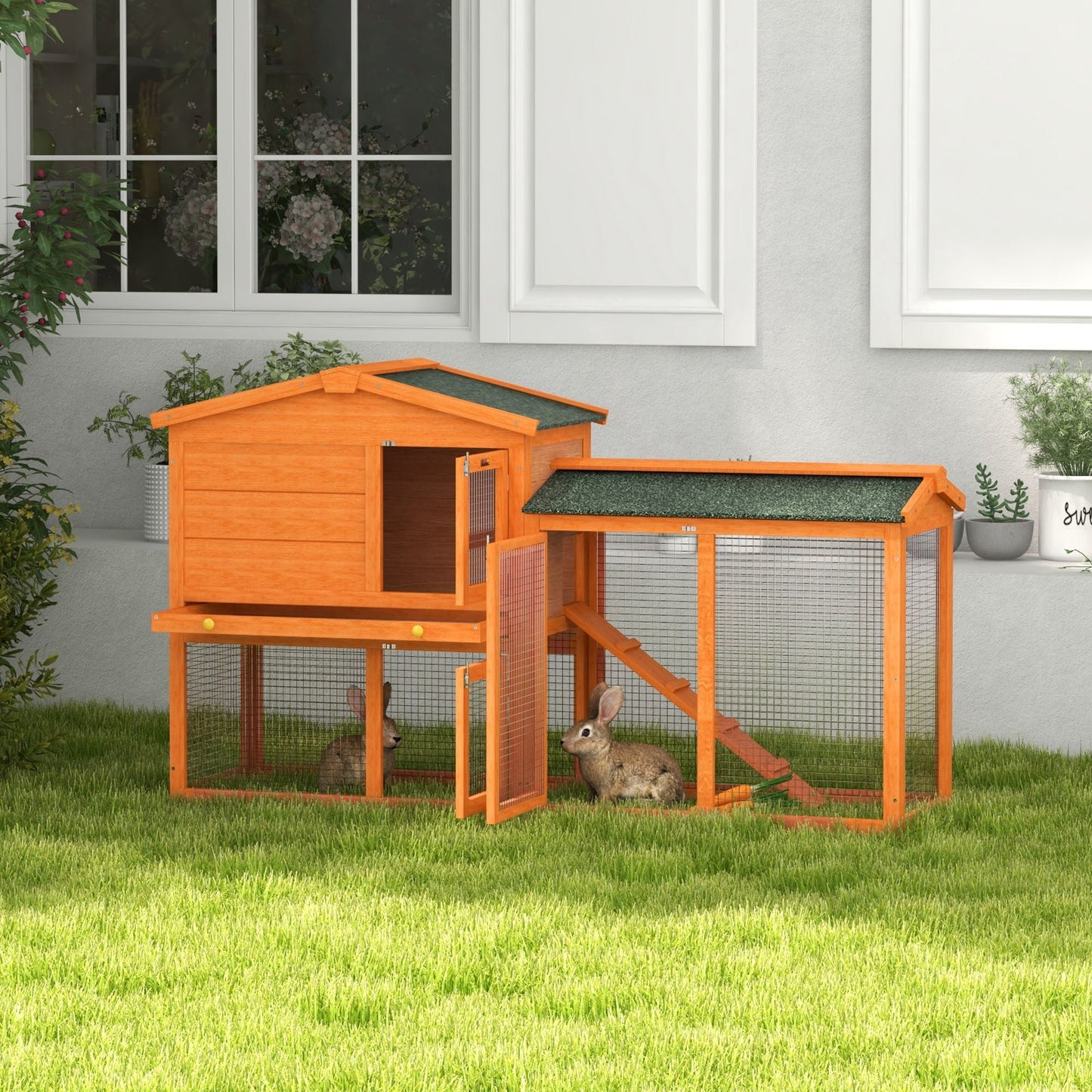 Rabbit Hutch Outdoor, 2 Tier Guinea Pig Hutch with Run, Ramp, Slide-out Tray, Asphalt Roof, 150 x 45 x 85cm