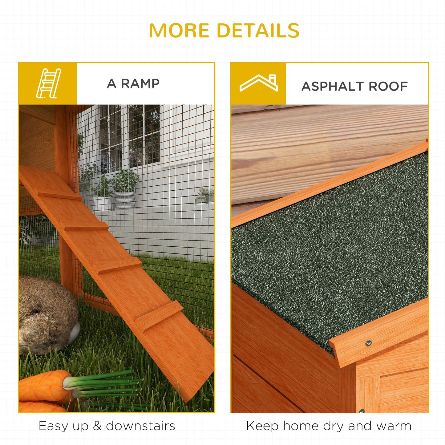 Rabbit Hutch Outdoor, 2 Tier Guinea Pig Hutch with Run, Ramp, Slide-out Tray, Asphalt Roof, 150 x 45 x 85cm
