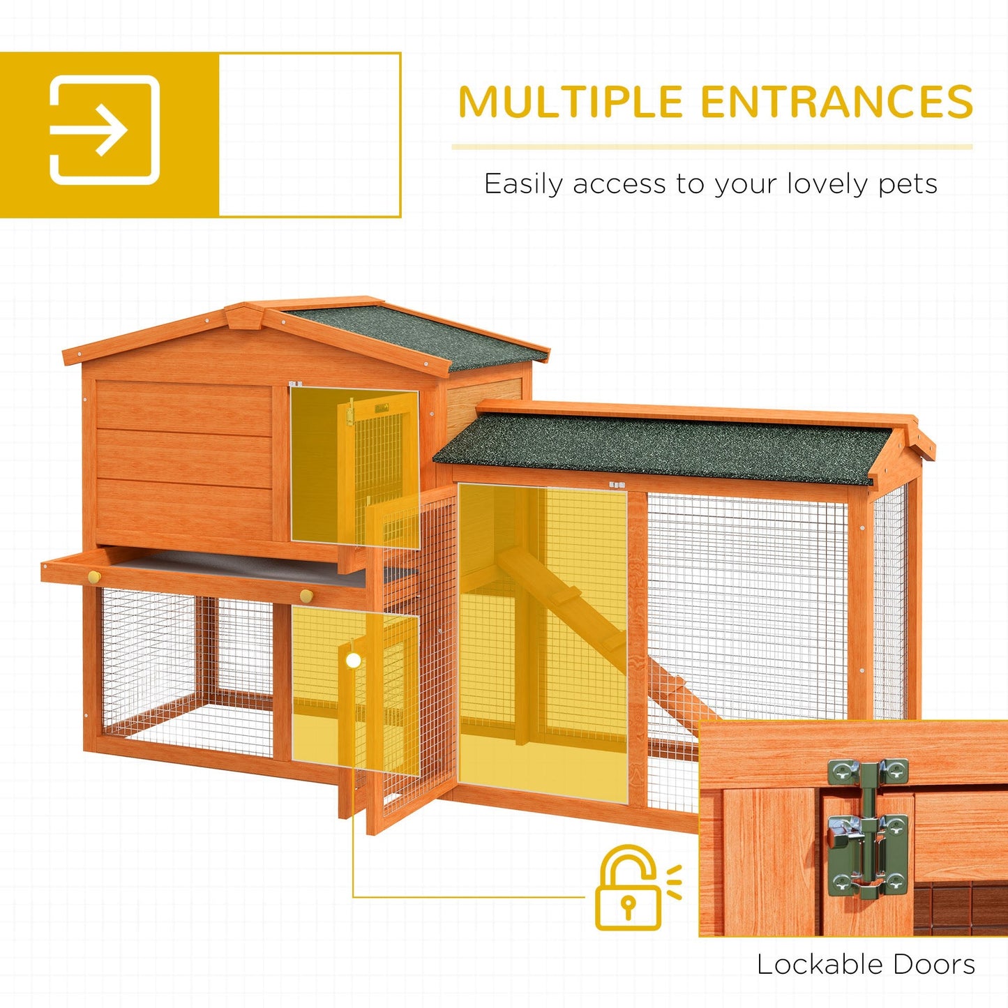 Rabbit Hutch Outdoor, 2 Tier Guinea Pig Hutch with Run, Ramp, Slide-out Tray, Asphalt Roof, 150 x 45 x 85cm