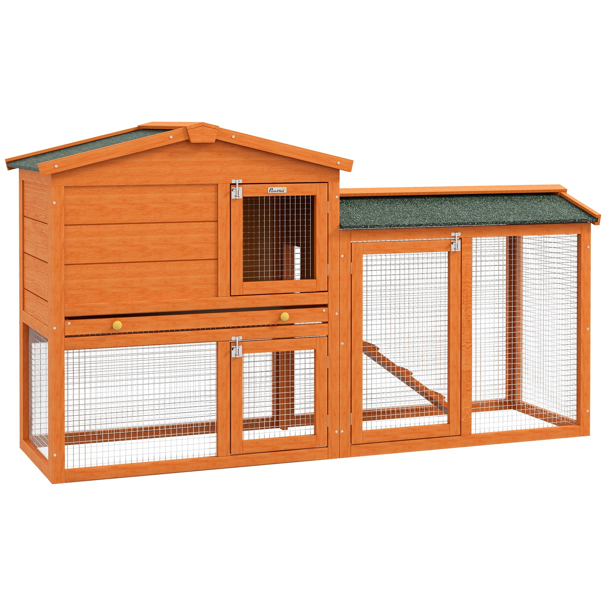 Rabbit Hutch Outdoor, 2 Tier Guinea Pig Hutch with Run, Ramp, Slide-out Tray, Asphalt Roof, 150 x 45 x 85cm
