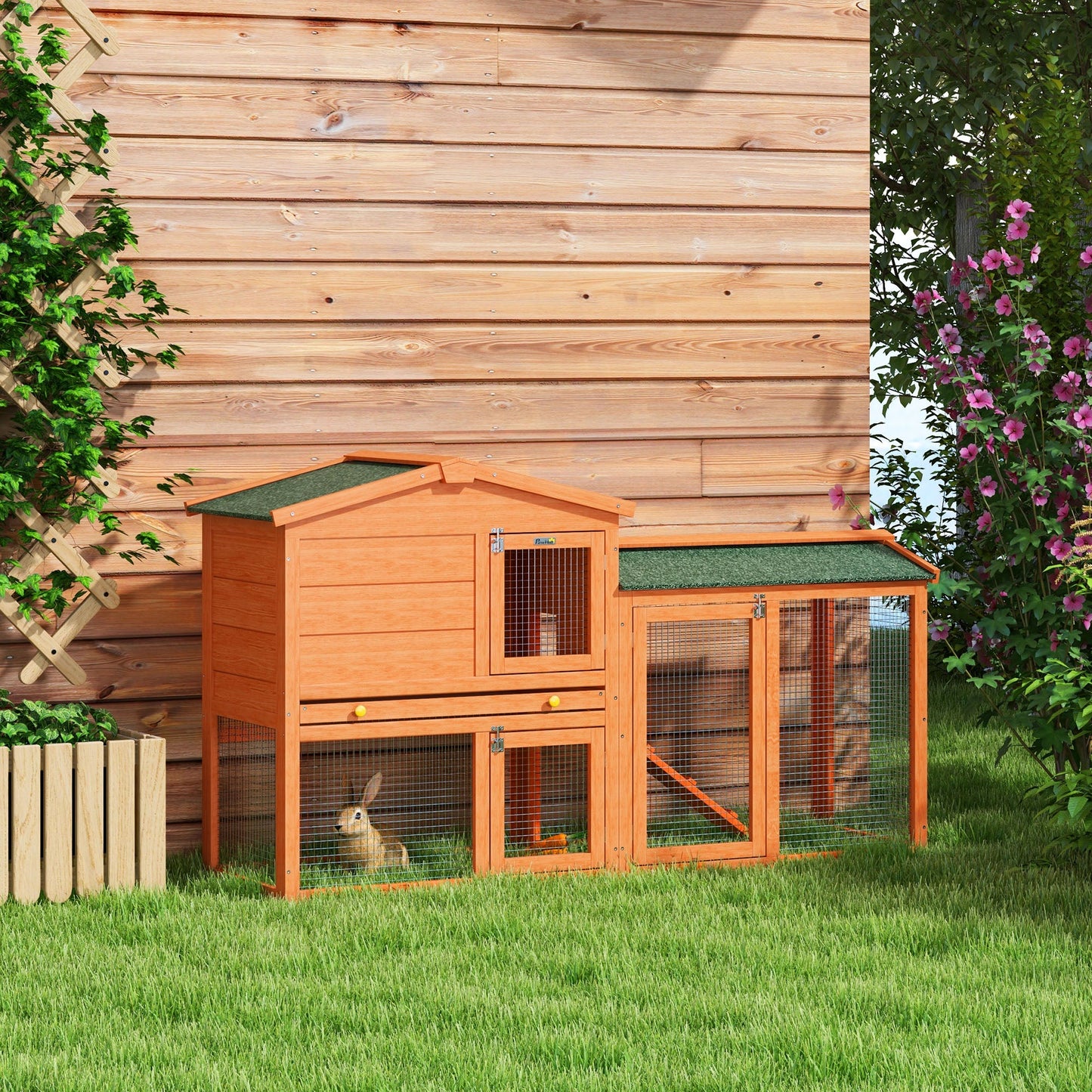 Rabbit Hutch Outdoor, 2 Tier Guinea Pig Hutch with Run, Ramp, Slide-out Tray, Asphalt Roof, 150 x 45 x 85cm