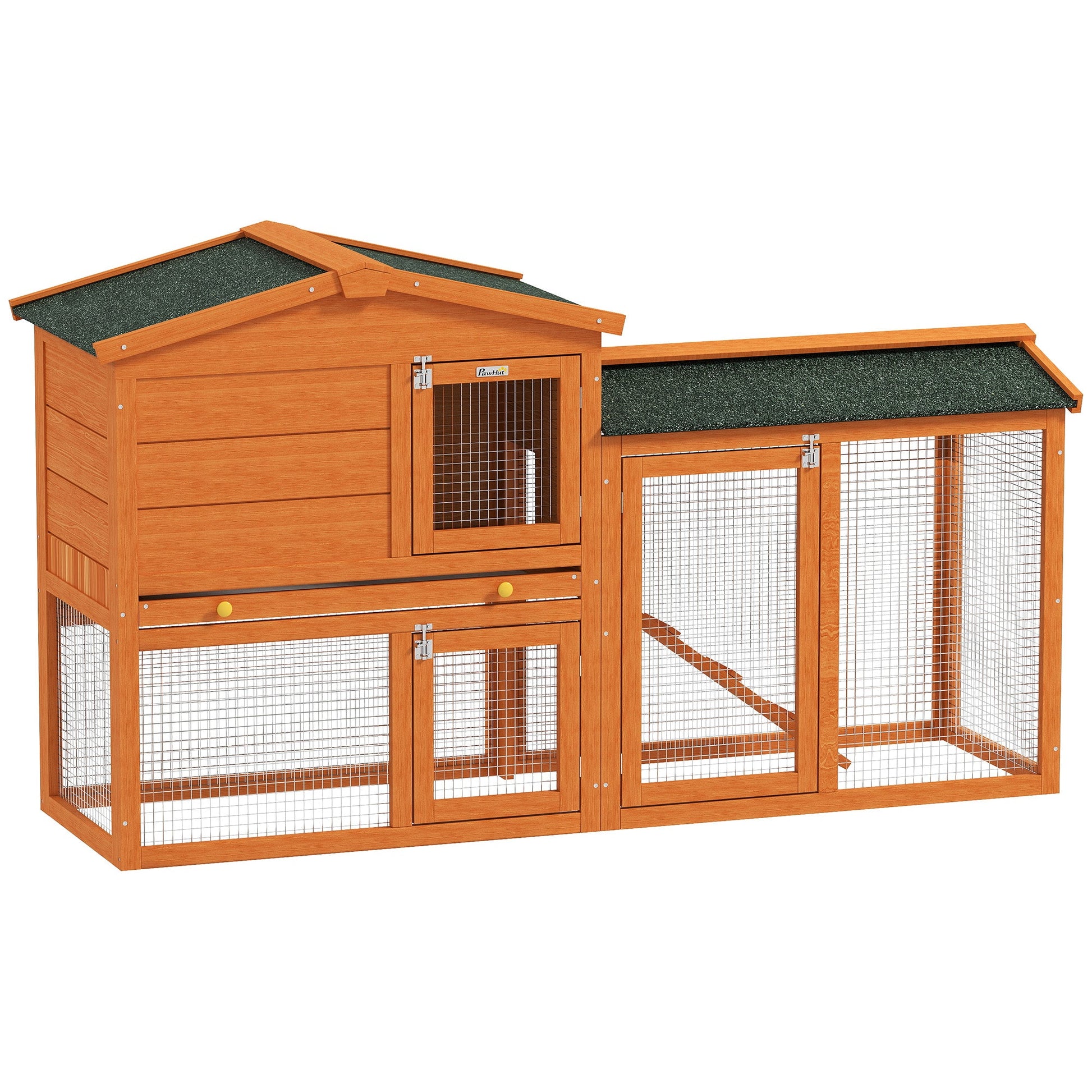 Rabbit Hutch Outdoor, 2 Tier Guinea Pig Hutch with Run, Ramp, Slide-out Tray, Asphalt Roof, 150 x 45 x 85cm