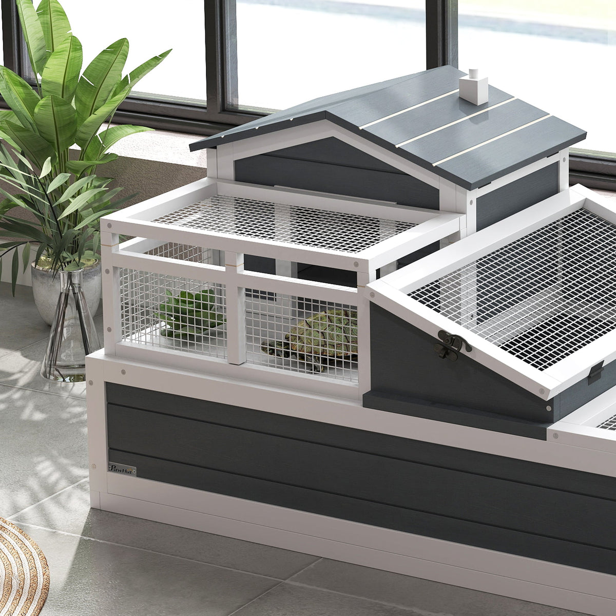 Tortoise House 3-Room Wooden Tortoise Enclosure Large Reptile Cage with 2 Stories, Ladder, Balcony, Tray, Openable Roof, 59H x 112L x 65Wcm, Grey