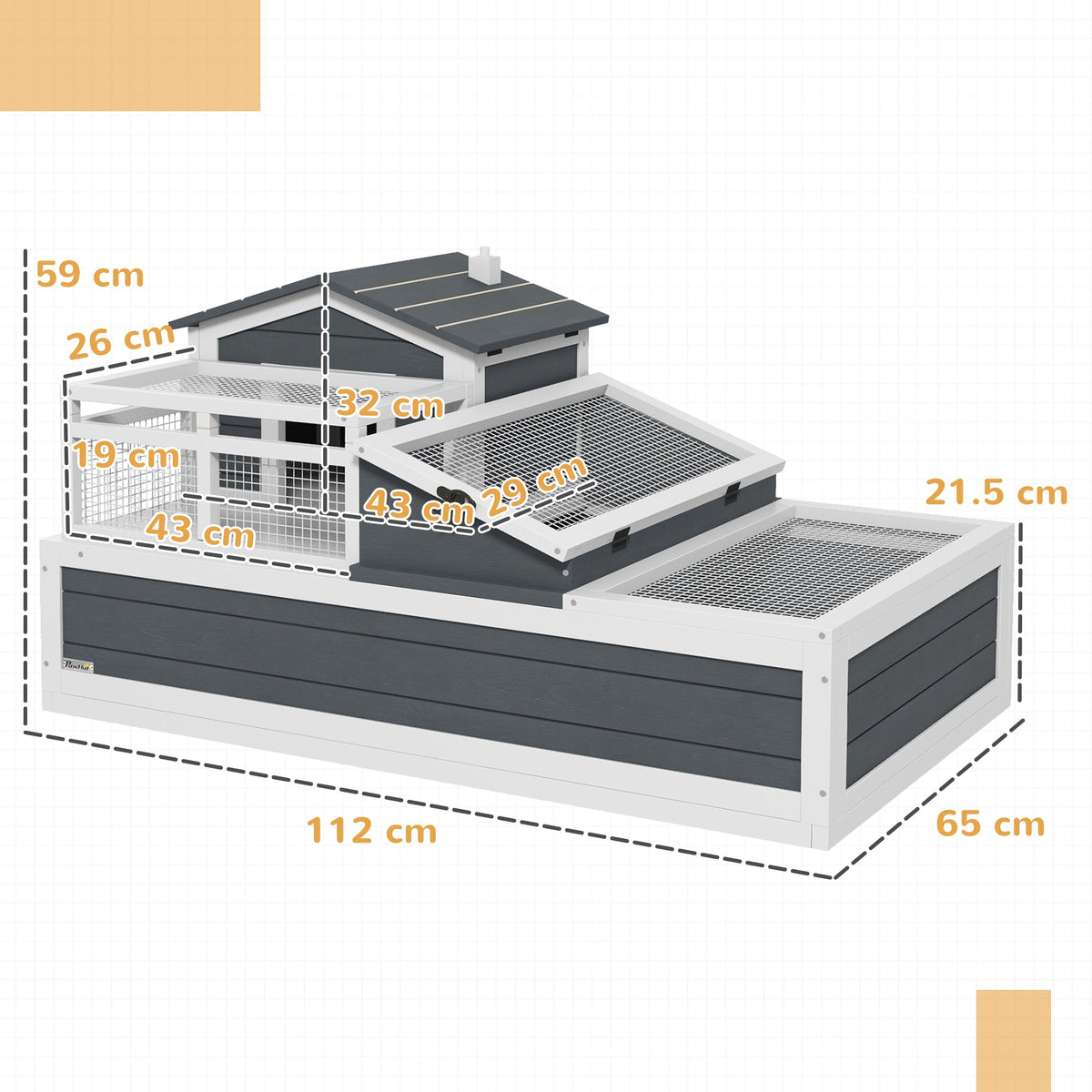 Tortoise House 3-Room Wooden Tortoise Enclosure Large Reptile Cage with 2 Stories, Ladder, Balcony, Tray, Openable Roof, 59H x 112L x 65Wcm, Grey