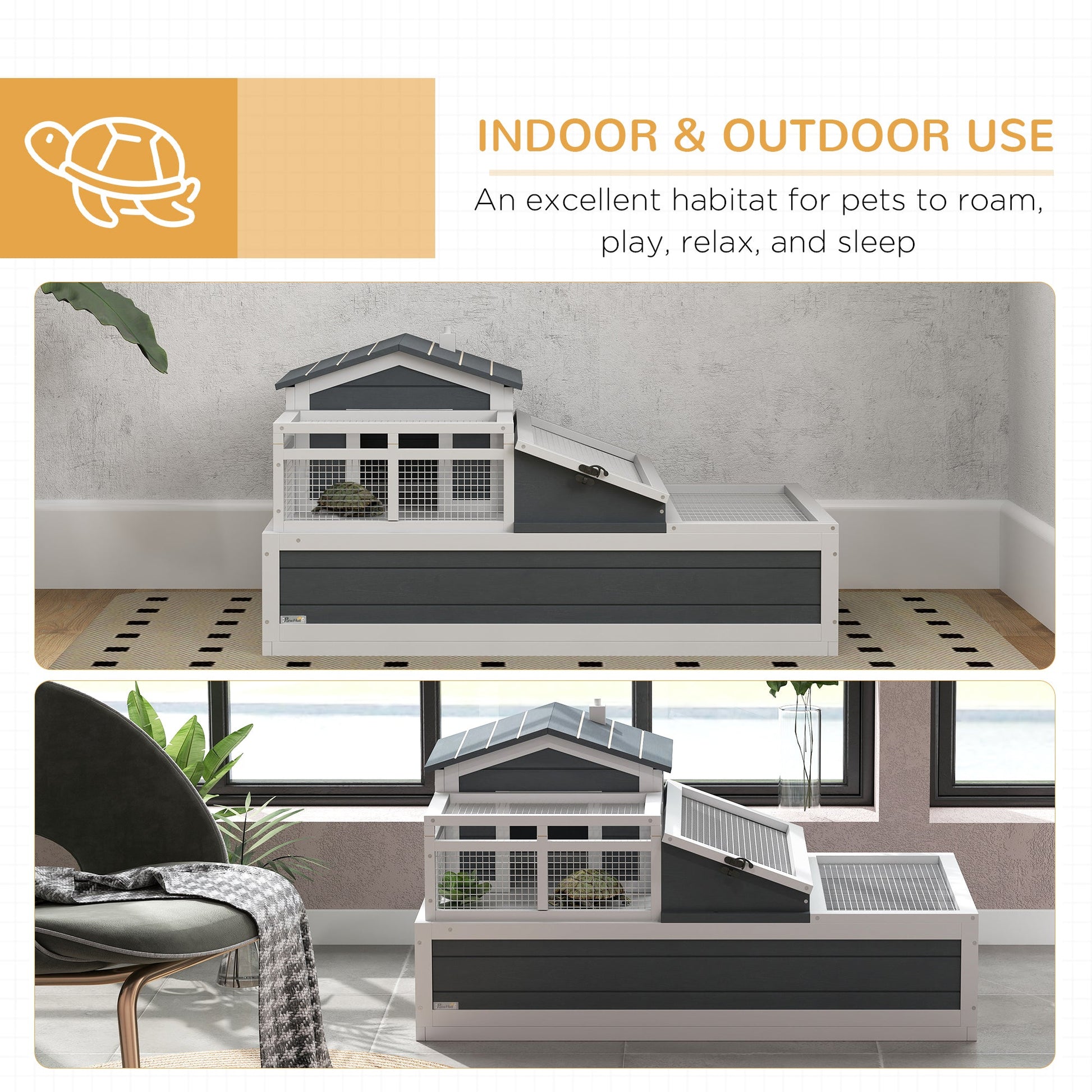 Tortoise House 3-Room Wooden Tortoise Enclosure Large Reptile Cage with 2 Stories, Ladder, Balcony, Tray, Openable Roof, 59H x 112L x 65Wcm, Grey