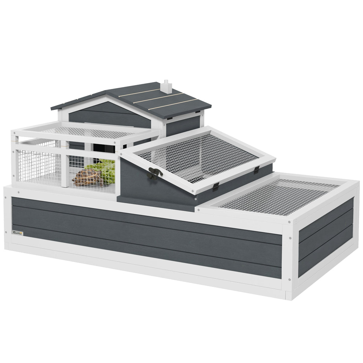 Tortoise House 3-Room Wooden Tortoise Enclosure Large Reptile Cage with 2 Stories, Ladder, Balcony, Tray, Openable Roof, 59H x 112L x 65Wcm, Grey