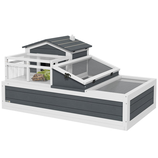 Tortoise House 3-Room Wooden Tortoise Enclosure Large Reptile Cage with 2 Stories, Ladder, Balcony, Tray, Openable Roof, 59H x 112L x 65Wcm, Grey