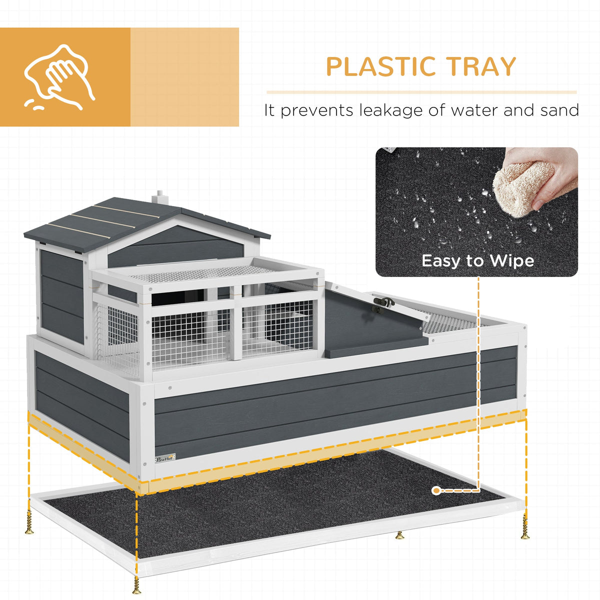 Tortoise House 3-Room Wooden Tortoise Enclosure Large Reptile Cage with 2 Stories, Ladder, Balcony, Tray, Openable Roof, 59H x 112L x 65Wcm, Grey