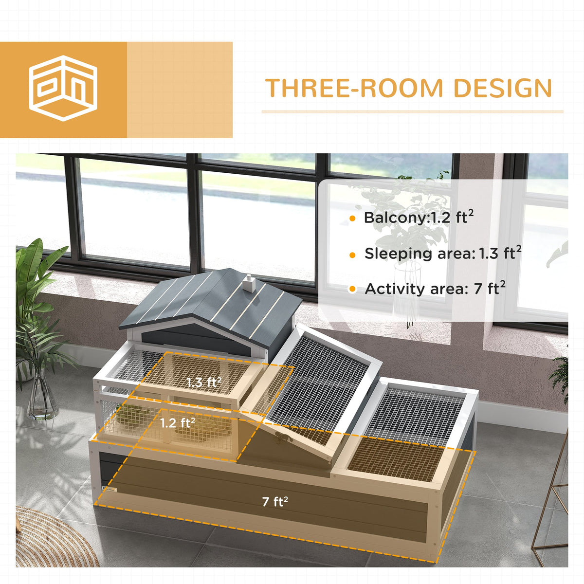 Tortoise House 3-Room Wooden Tortoise Enclosure Large Reptile Cage with 2 Stories, Ladder, Balcony, Tray, Openable Roof, 59H x 112L x 65Wcm, Grey