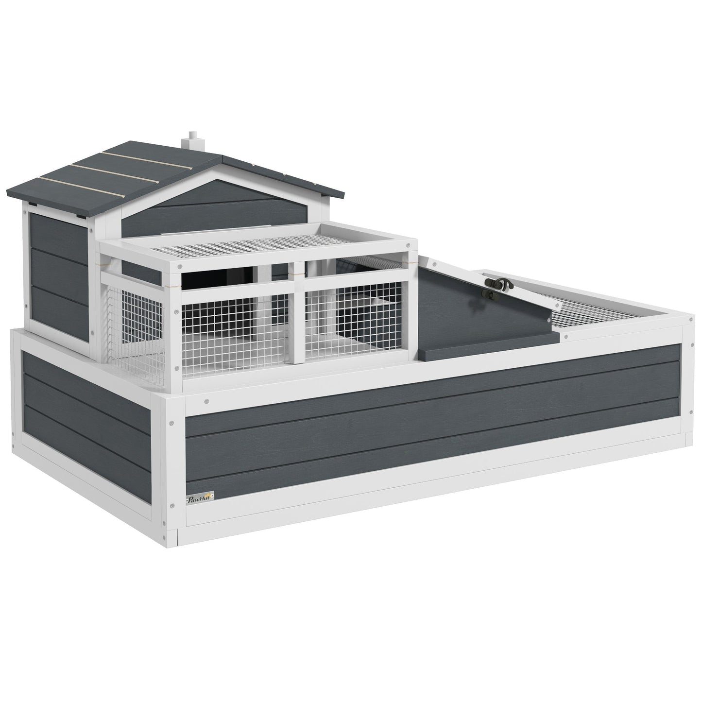 Tortoise House 3-Room Wooden Tortoise Enclosure Large Reptile Cage with 2 Stories, Ladder, Balcony, Tray, Openable Roof, 59H x 112L x 65Wcm, Grey