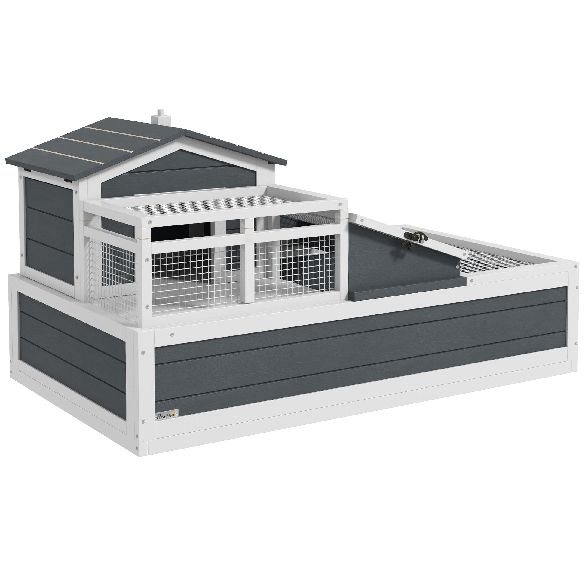 Tortoise House 3-Room Wooden Tortoise Enclosure Large Reptile Cage with 2 Stories, Ladder, Balcony, Tray, Openable Roof, 59H x 112L x 65Wcm, Grey
