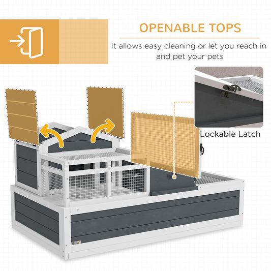 Tortoise House 3-Room Wooden Tortoise Enclosure Large Reptile Cage with 2 Stories, Ladder, Balcony, Tray, Openable Roof, 59H x 112L x 65Wcm, Grey