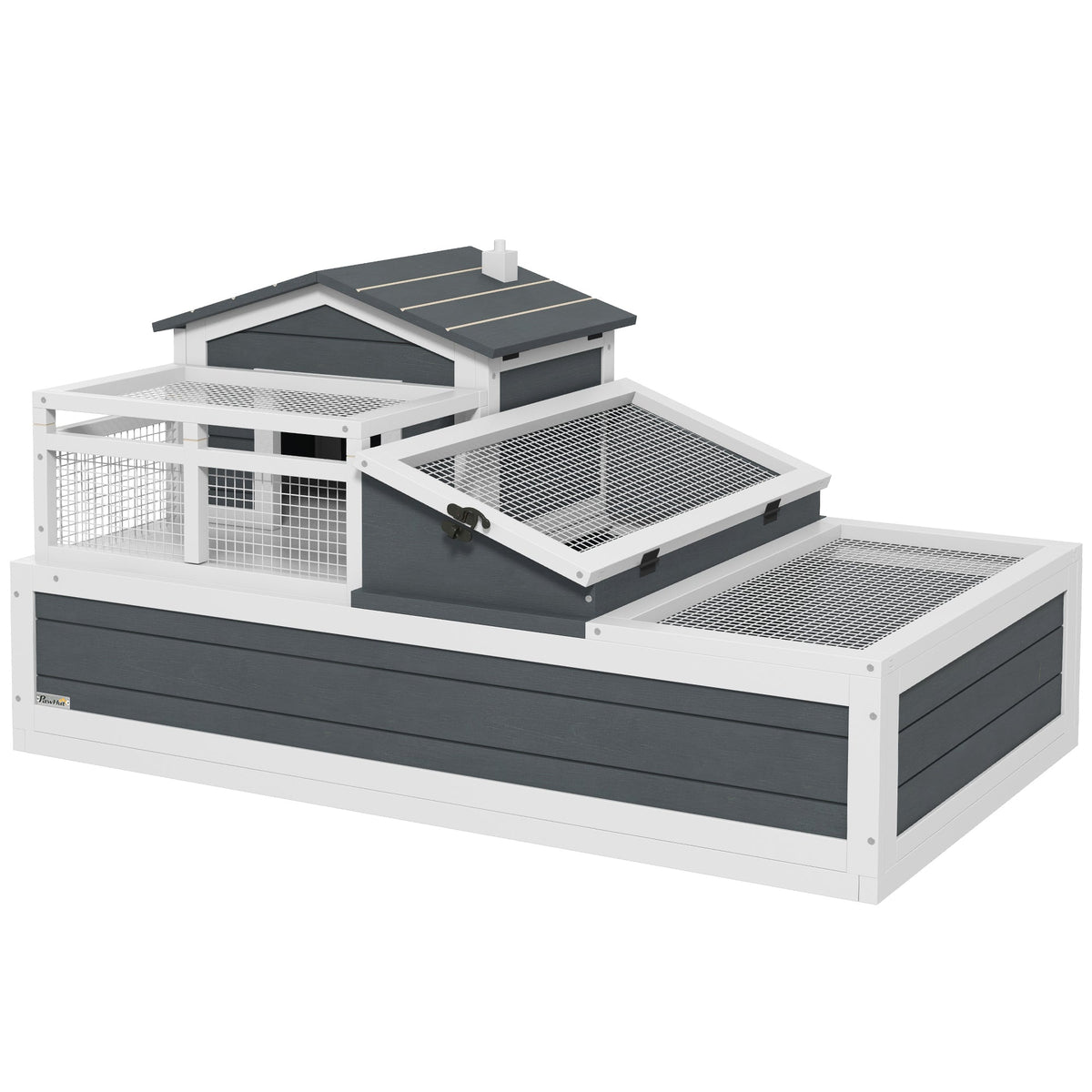 Tortoise House 3-Room Wooden Tortoise Enclosure Large Reptile Cage with 2 Stories, Ladder, Balcony, Tray, Openable Roof, 59H x 112L x 65Wcm, Grey