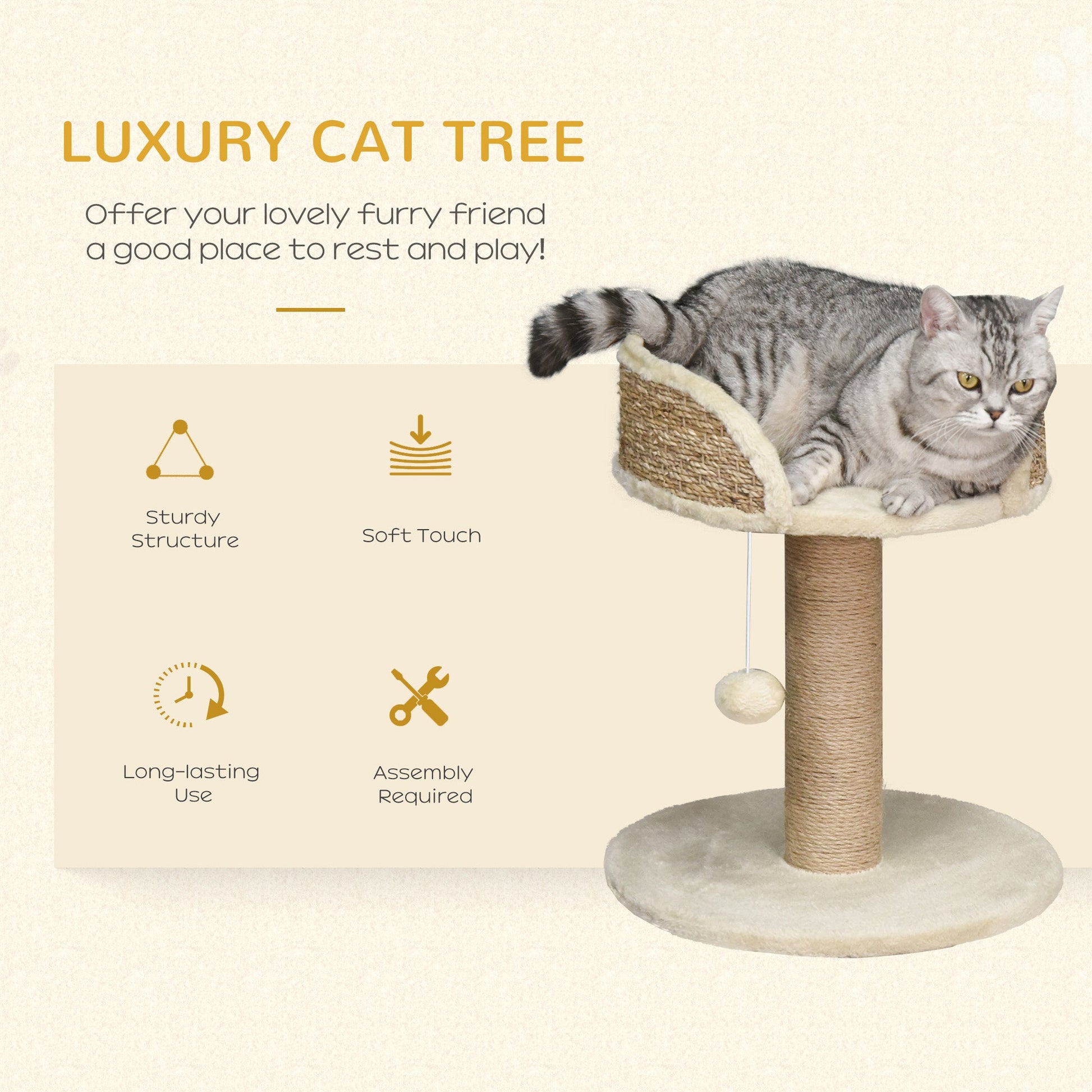 Cat Tree Cat Scratching Post for Indoor Cats Kitten Play Tower Activity Centre Climbing Stand with Dangling Ball Beige