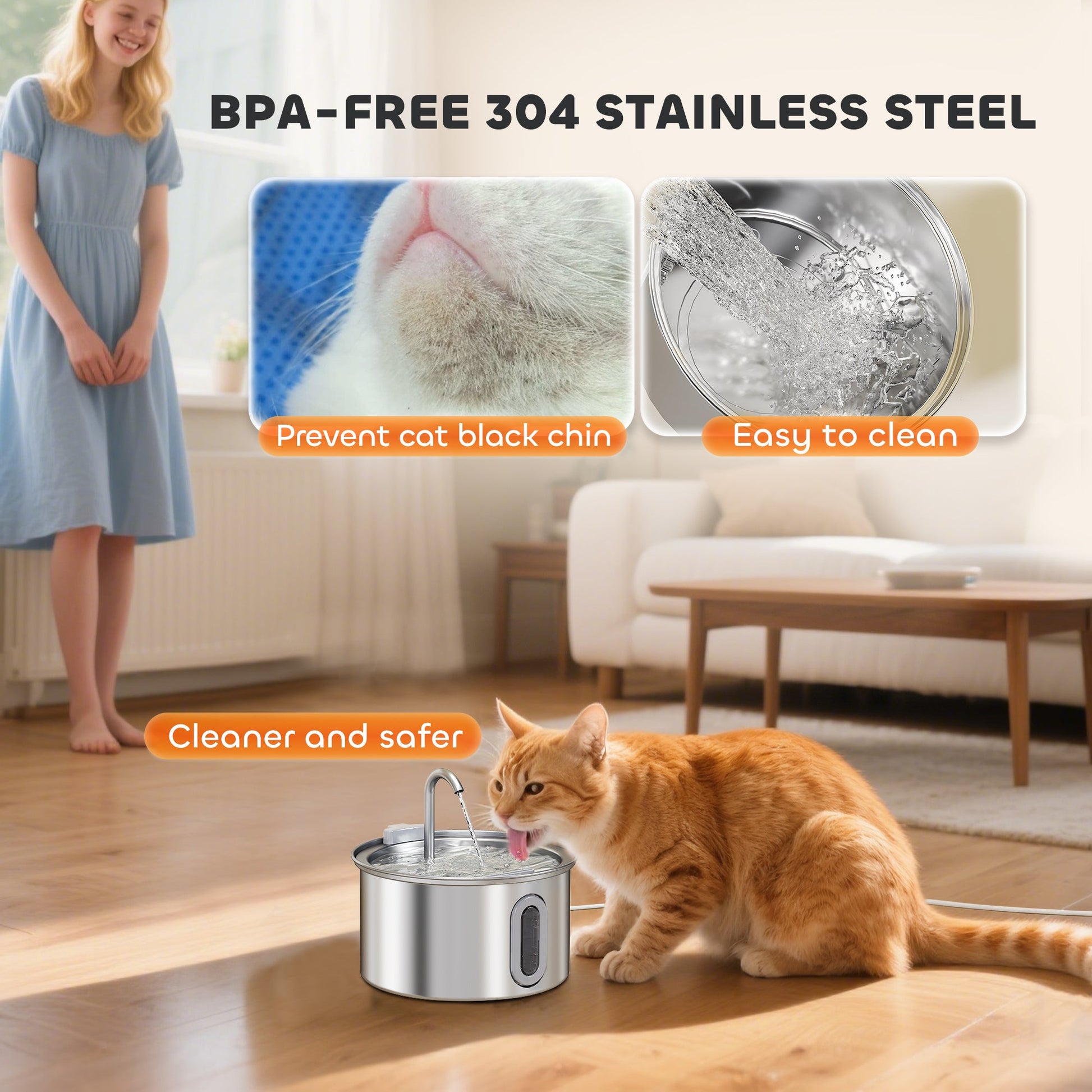 Cat Water Fountain for Drinking, 2.5L Cat Fountain Stainless Steel Automatic with Ultra-Silent Pump, Water-Level Window, 7 Filters