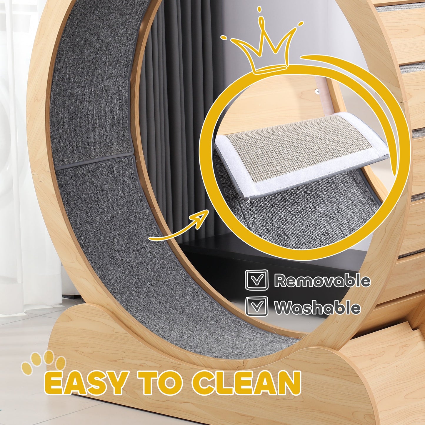 Cat Treadmill, Cat Exercise Wheel, 39.4 inch Kitten Running Wheel with Brake, Carpeted Runway for Exercise - Natural Wood Finish