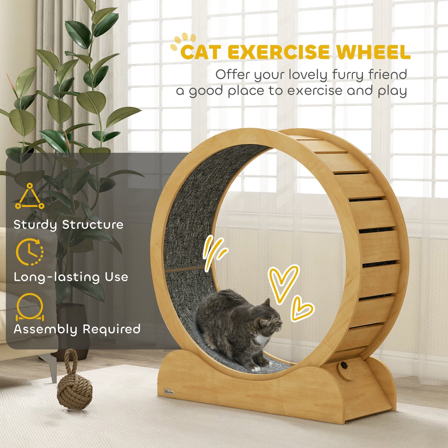 Cat Treadmill, Cat Exercise Wheel, 39.4 inch Kitten Running Wheel with Brake, Carpeted Runway for Exercise - Natural Wood Finish