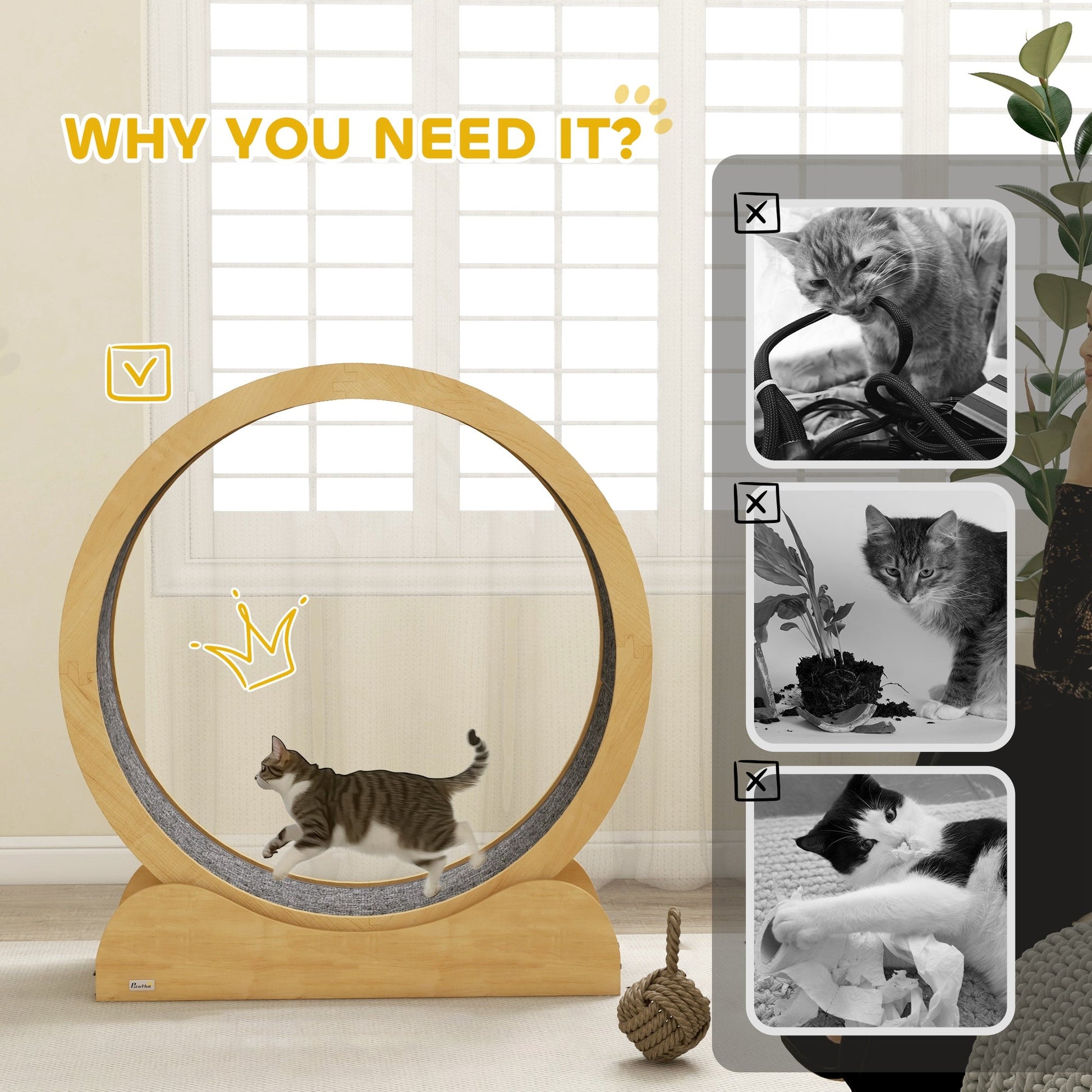 Cat Treadmill, Cat Exercise Wheel, 39.4 inch Kitten Running Wheel with Brake, Carpeted Runway for Exercise - Natural Wood Finish