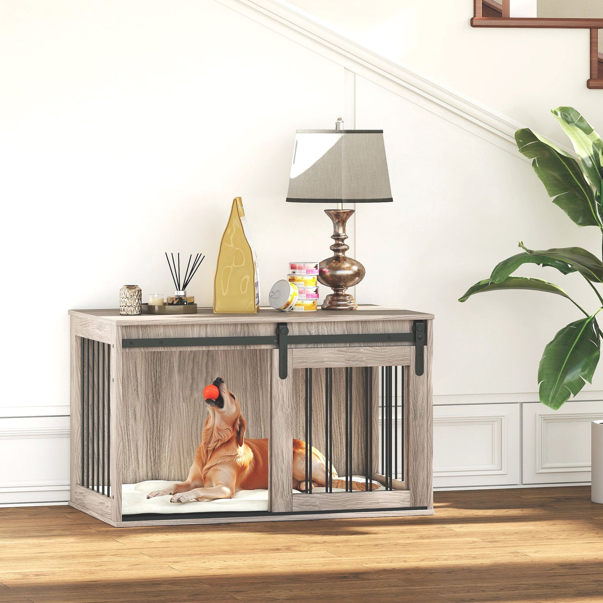 Dog Crate Furniture, Dog House Furniture Style for Large Breeds, Pet Kennel with Removable Cushion for Indoor Use, 98 x 58 x 61cm, Brown