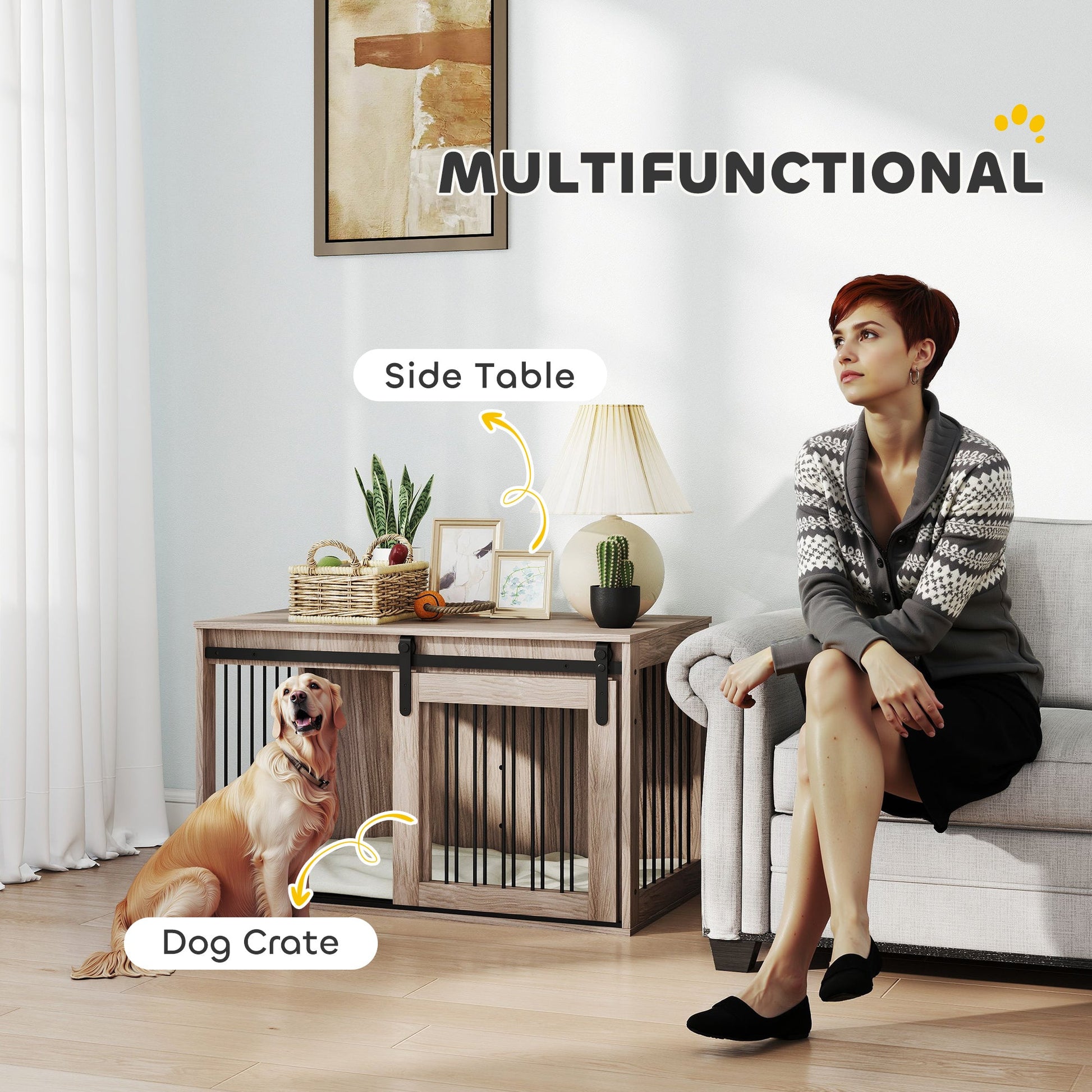 Dog Crate Furniture, Dog House Furniture Style for Large Breeds, Pet Kennel with Removable Cushion for Indoor Use, 98 x 58 x 61cm, Brown