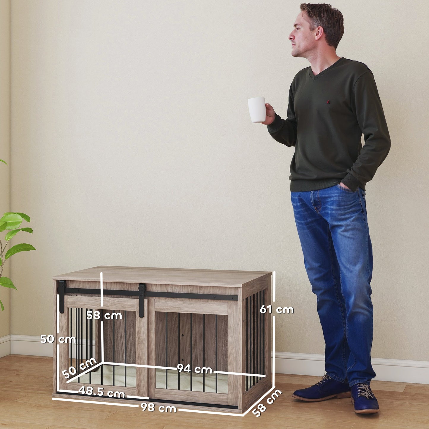 Dog Crate Furniture, Dog House Furniture Style for Large Breeds, Pet Kennel with Removable Cushion for Indoor Use, 98 x 58 x 61cm, Brown