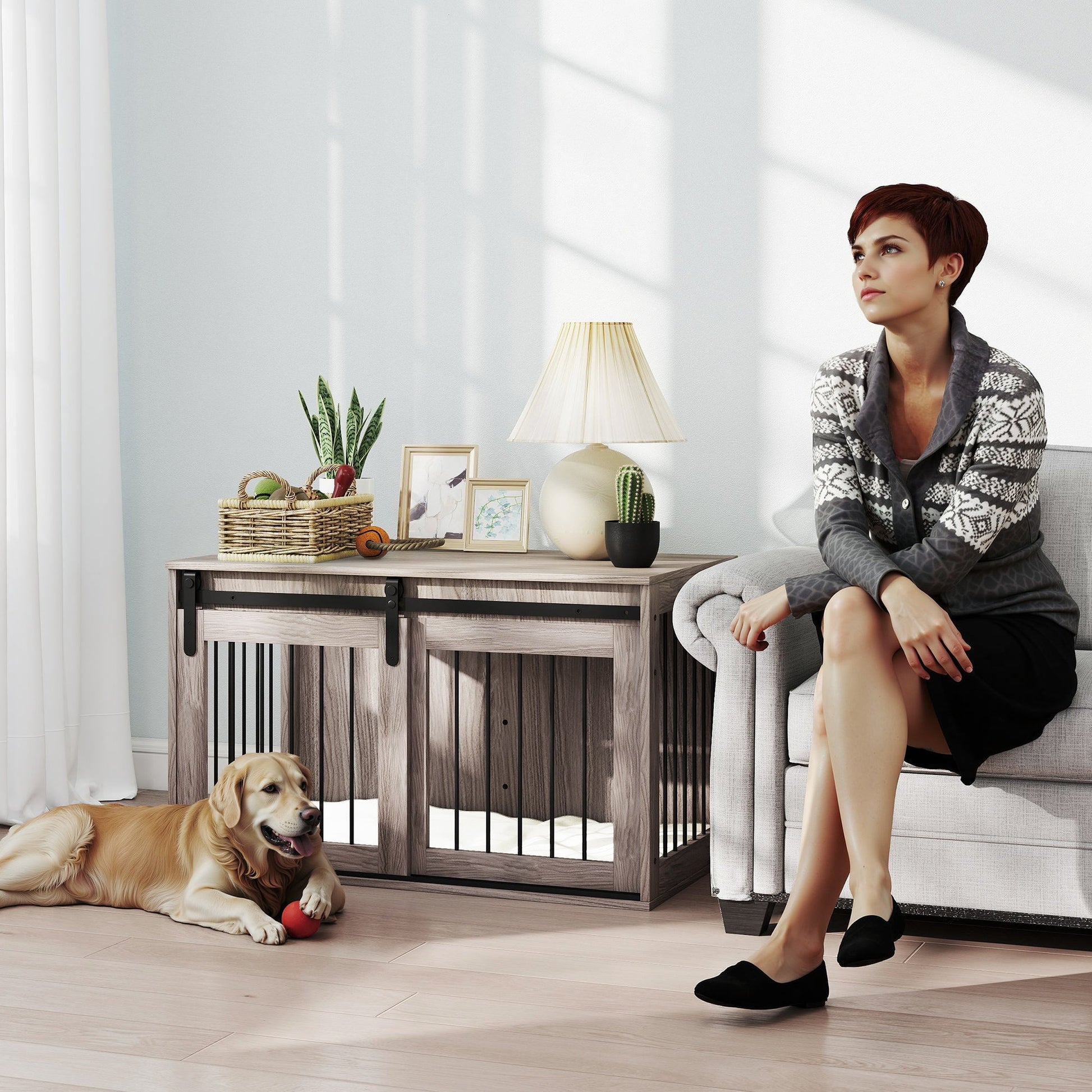Dog Crate Furniture, Dog House Furniture Style for Large Breeds, Pet Kennel with Removable Cushion for Indoor Use, 98 x 58 x 61cm, Brown