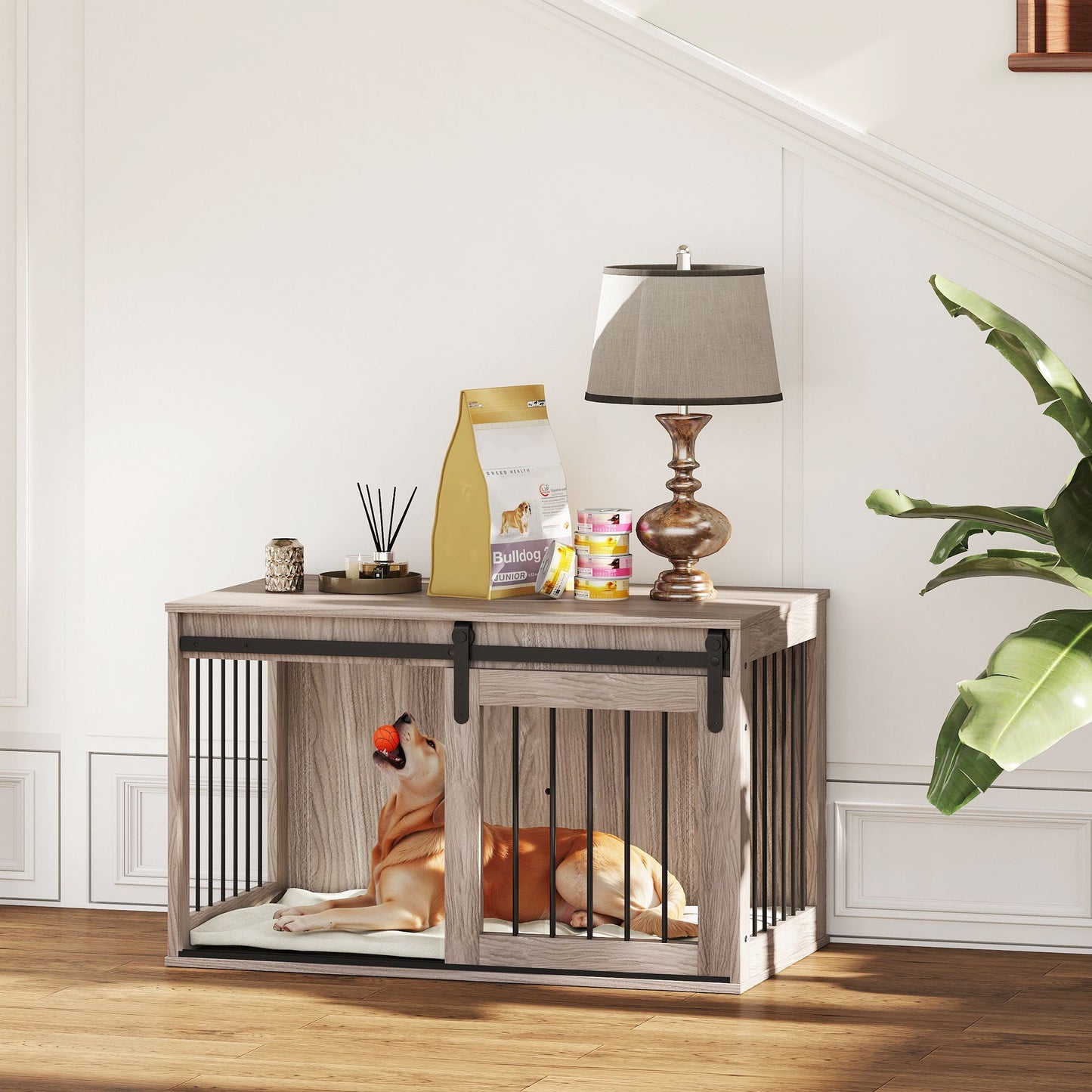 Dog Crate Furniture, Dog House Furniture Style for Large Breeds, Pet Kennel with Removable Cushion for Indoor Use, 98 x 58 x 61cm, Brown