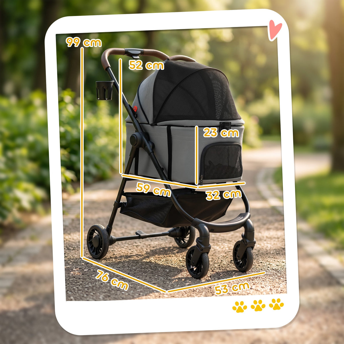 Dog Stroller, 3 in 1 Foldable Pet Stroller for Small Puppy Cat with Detachable Travel Carrier, 4 Wheels Dog Pram with Storage Basket, Seat Leashes, Mesh Window, Grey