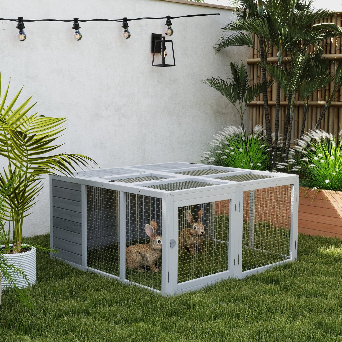 48 Inch Rabbit Hutch Rabbit Run Small Animal Guinea Pig House Bunny Cage Hideaway Outdoor with Openable Roof Grey