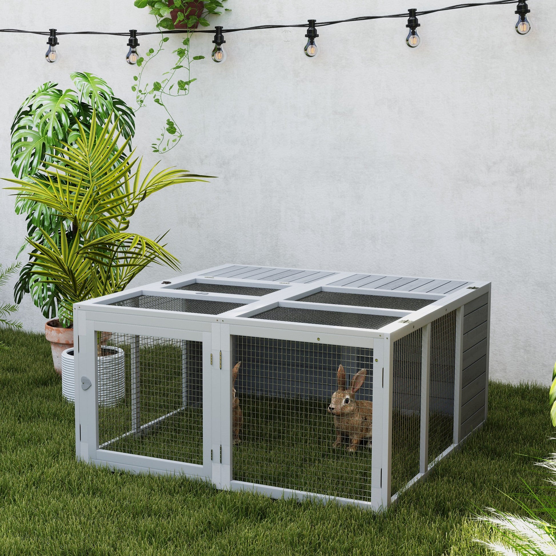48 Inch Rabbit Hutch Rabbit Run Small Animal Guinea Pig House Bunny Cage Hideaway Outdoor with Openable Roof Grey