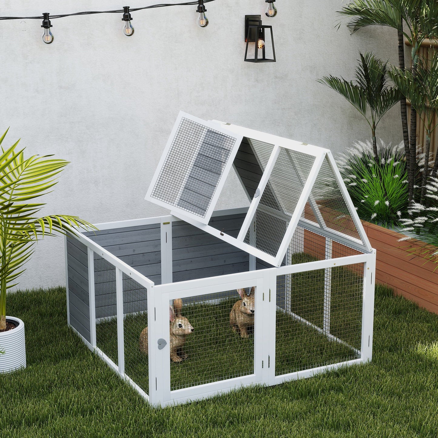 48 Inch Rabbit Hutch Rabbit Run Small Animal Guinea Pig House Bunny Cage Hideaway Outdoor with Openable Roof Grey