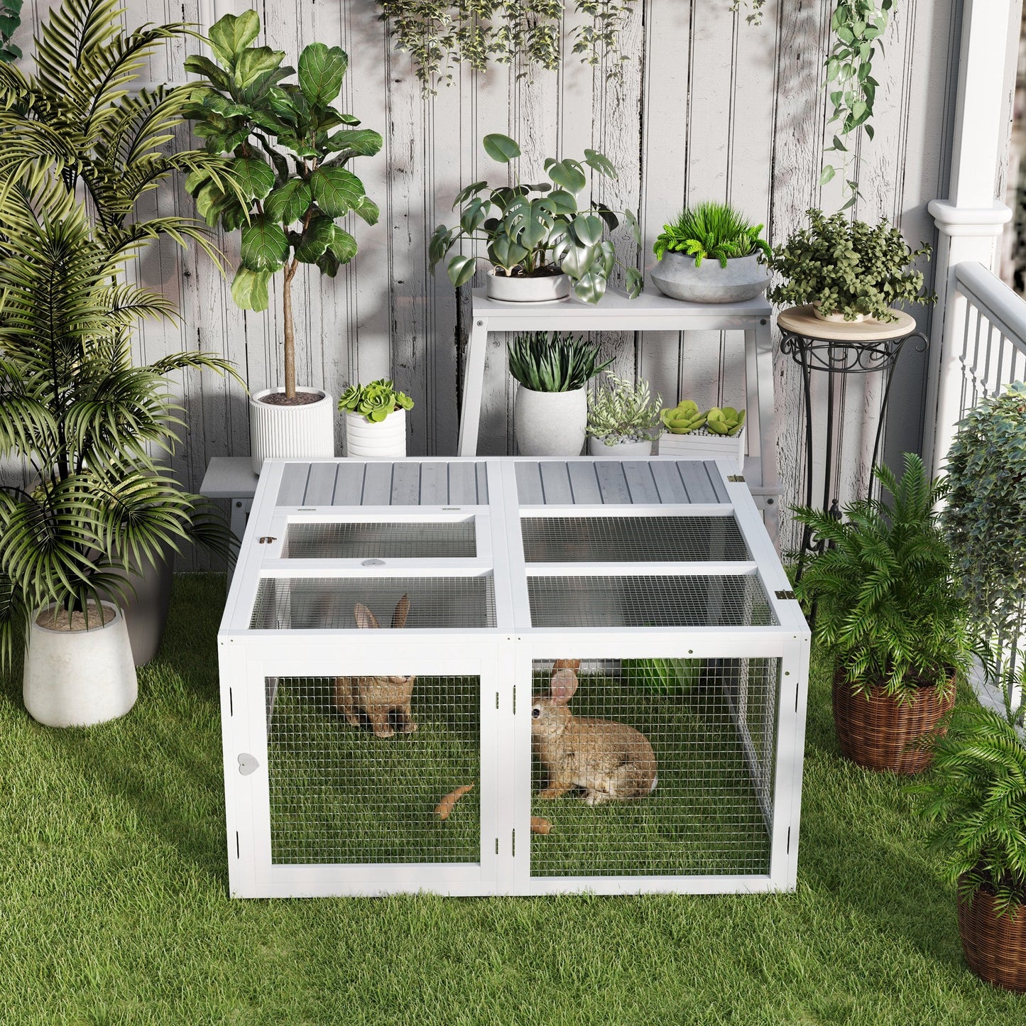 48 Inch Rabbit Hutch Rabbit Run Small Animal Guinea Pig House Bunny Cage Hideaway Outdoor with Openable Roof Grey