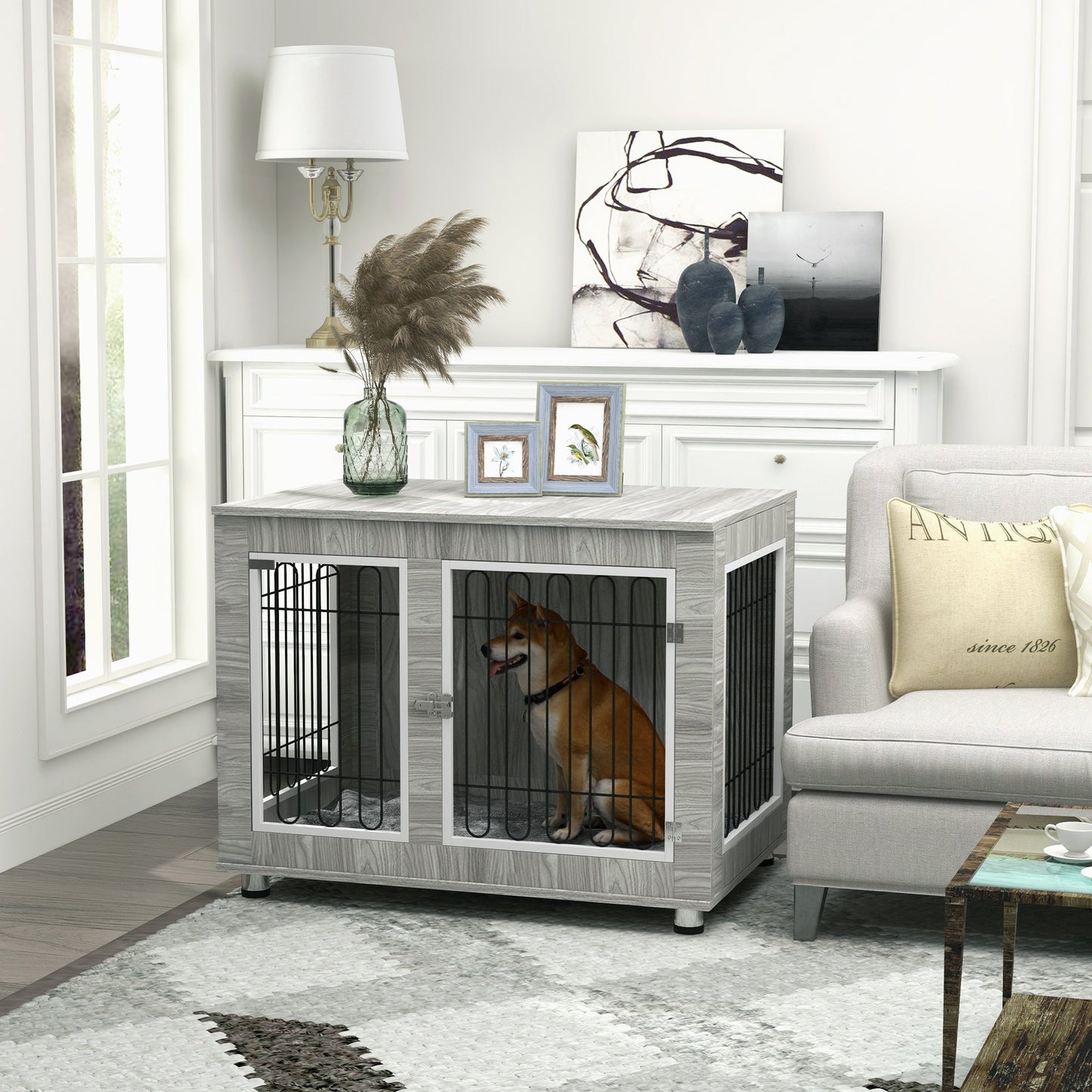 Dog Crate Furniture, Side End Table, Indoor Dog Kennel with Soft Washable Cushion, Wire Mesh, Large Top, for Large Dogs, 106 x 74 x 81.5, Grey