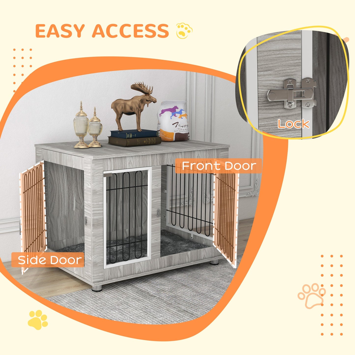 Dog Crate Furniture, Side End Table, Indoor Dog Kennel with Soft Washable Cushion, Wire Mesh, Large Top, for Large Dogs, 106 x 74 x 81.5, Grey