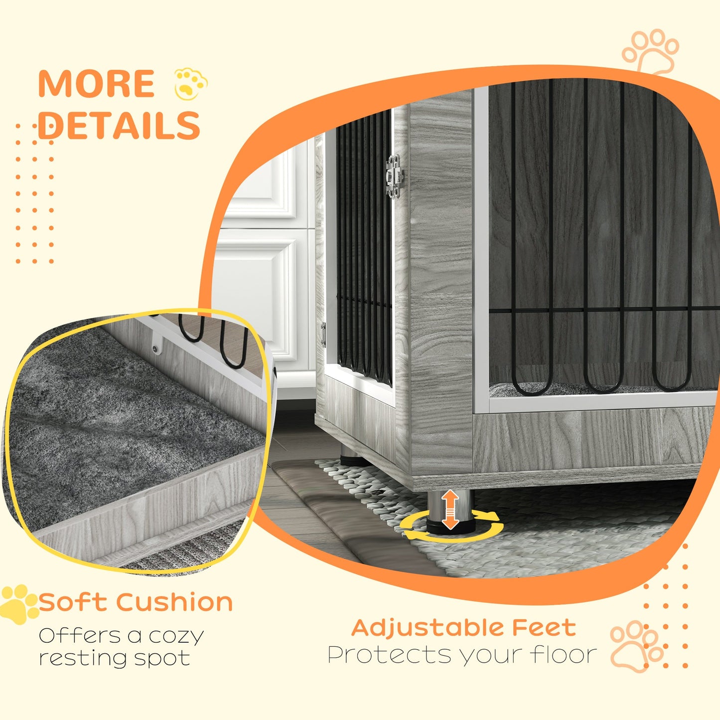 Dog Crate Furniture, Side End Table, Indoor Dog Kennel with Soft Washable Cushion, Wire Mesh, Large Top, for Large Dogs, 106 x 74 x 81.5, Grey