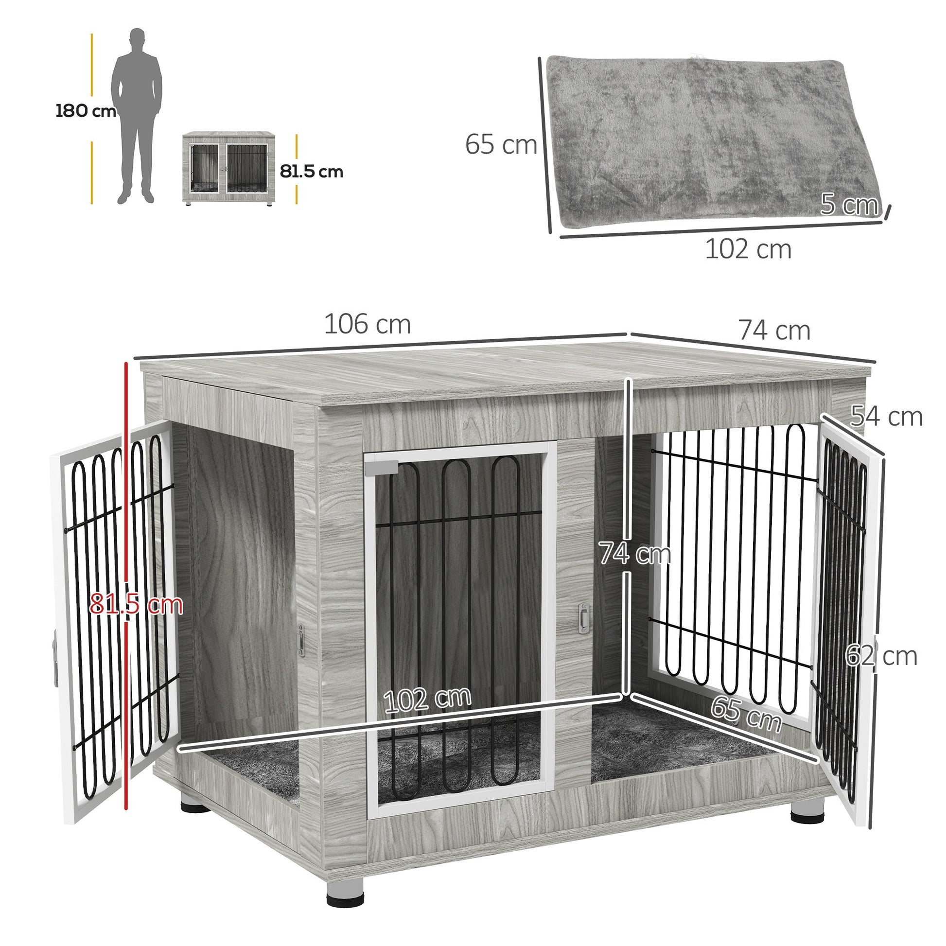 Dog Crate Furniture, Side End Table, Indoor Dog Kennel with Soft Washable Cushion, Wire Mesh, Large Top, for Large Dogs, 106 x 74 x 81.5, Grey
