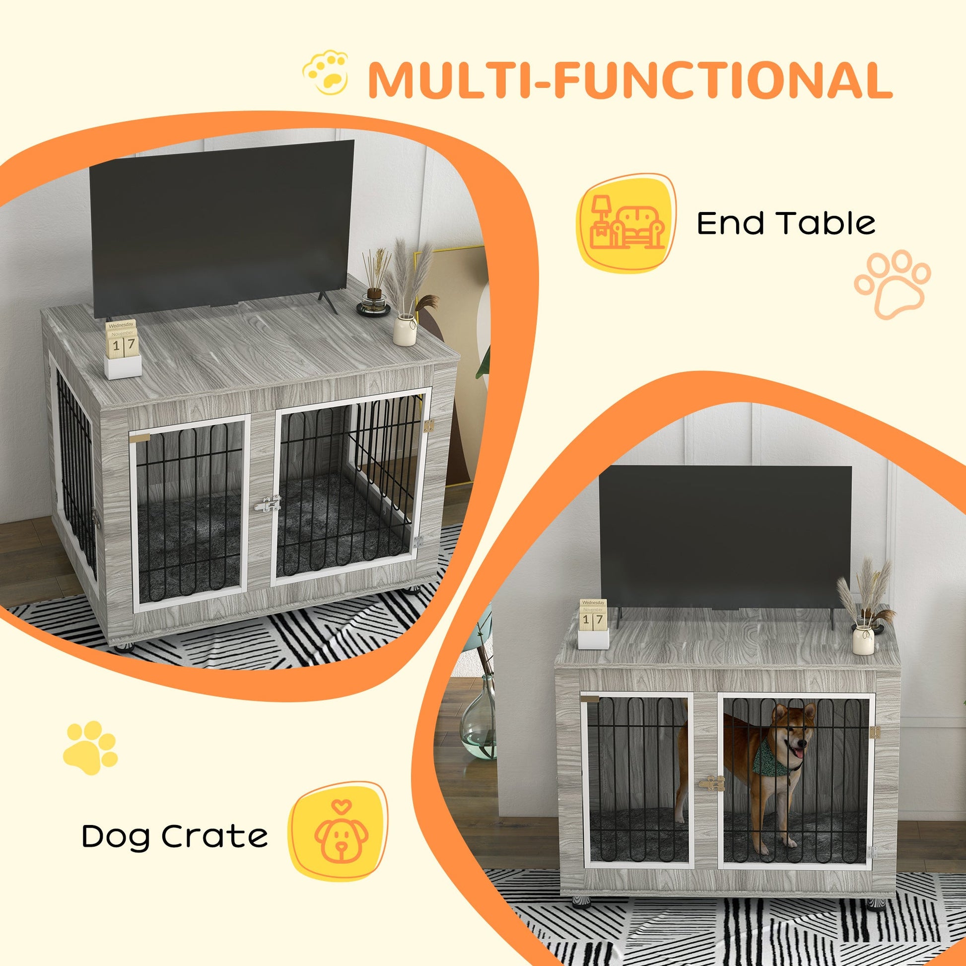 Dog Crate Furniture, Side End Table, Indoor Dog Kennel with Soft Washable Cushion, Wire Mesh, Large Top, for Large Dogs, 106 x 74 x 81.5, Grey
