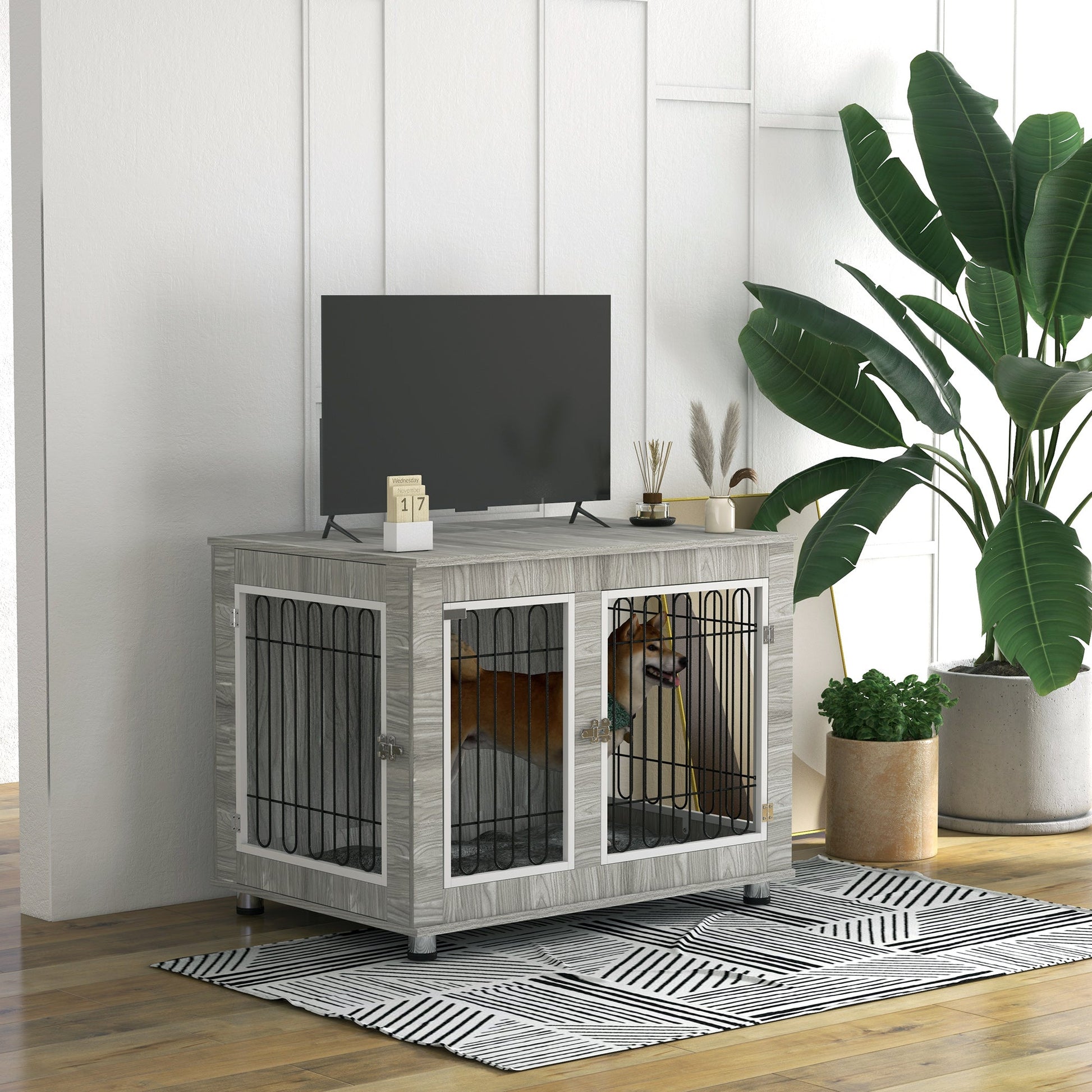 Dog Crate Furniture, Side End Table, Indoor Dog Kennel with Soft Washable Cushion, Wire Mesh, Large Top, for Large Dogs, 106 x 74 x 81.5, Grey