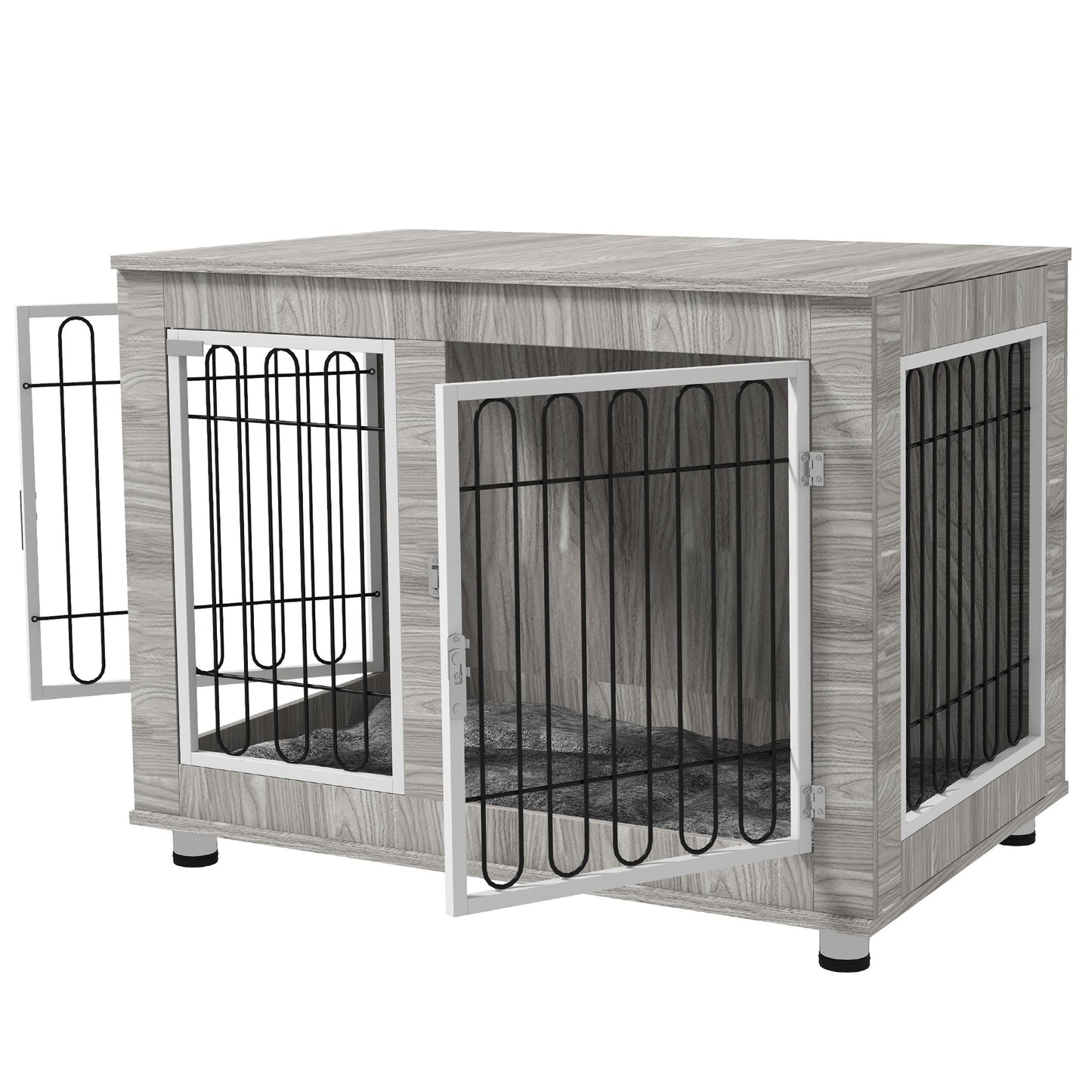 Dog Crate Furniture, Side End Table, Indoor Dog Kennel with Soft Washable Cushion, Wire Mesh, Large Top, for Large Dogs, 106 x 74 x 81.5, Grey