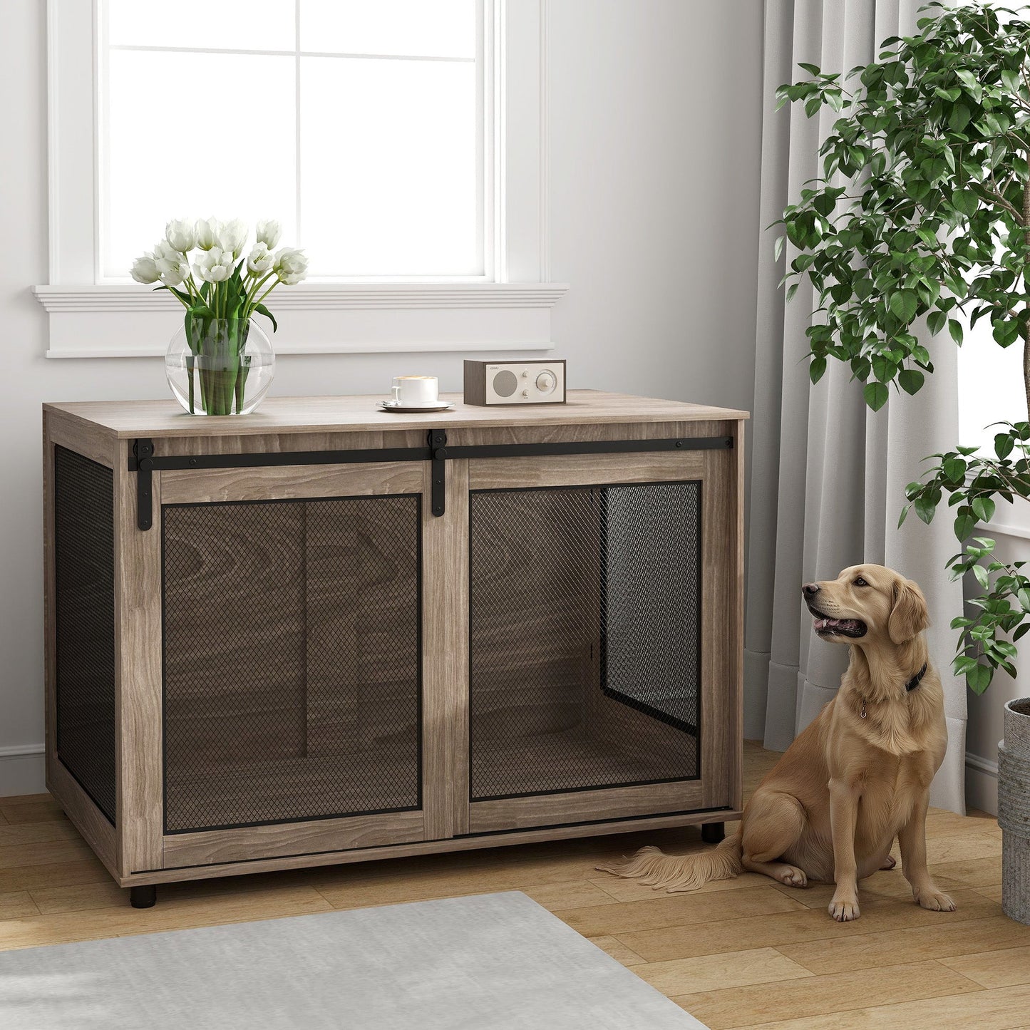 Dog Crate Furniture, Dog Cage End Table with Sliding Door, Pet Kennel for Extra Large Breeds, 118 x 75.5 x 82cm, Walnut Brown