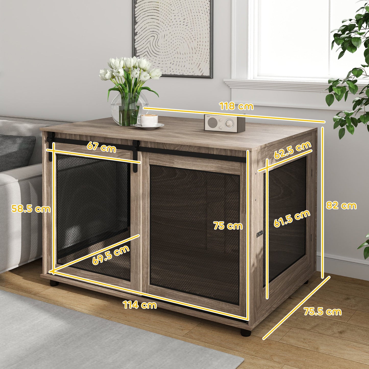 Dog Crate Furniture, Dog Cage End Table with Sliding Door, Pet Kennel for Extra Large Breeds, 118 x 75.5 x 82cm, Walnut Brown
