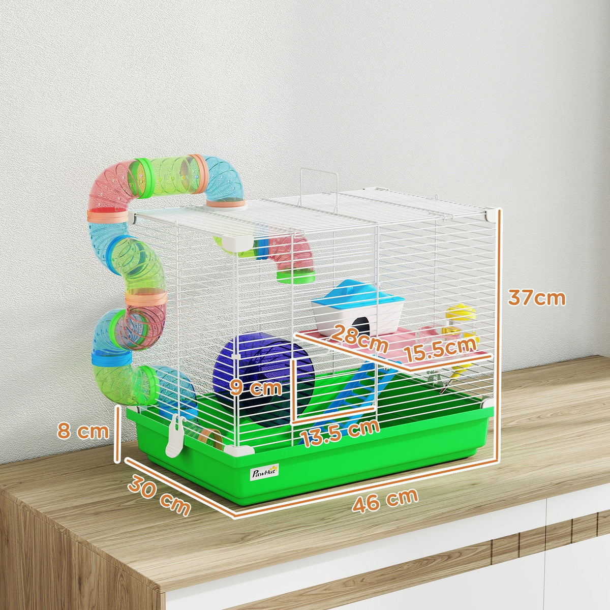 2 Tier Hamster Cage, Gerbil Cage with Handle, Exercise Wheels, Tunnel, Water Bottle, Dishes, Ladder, for Dwarf Hamster, Green