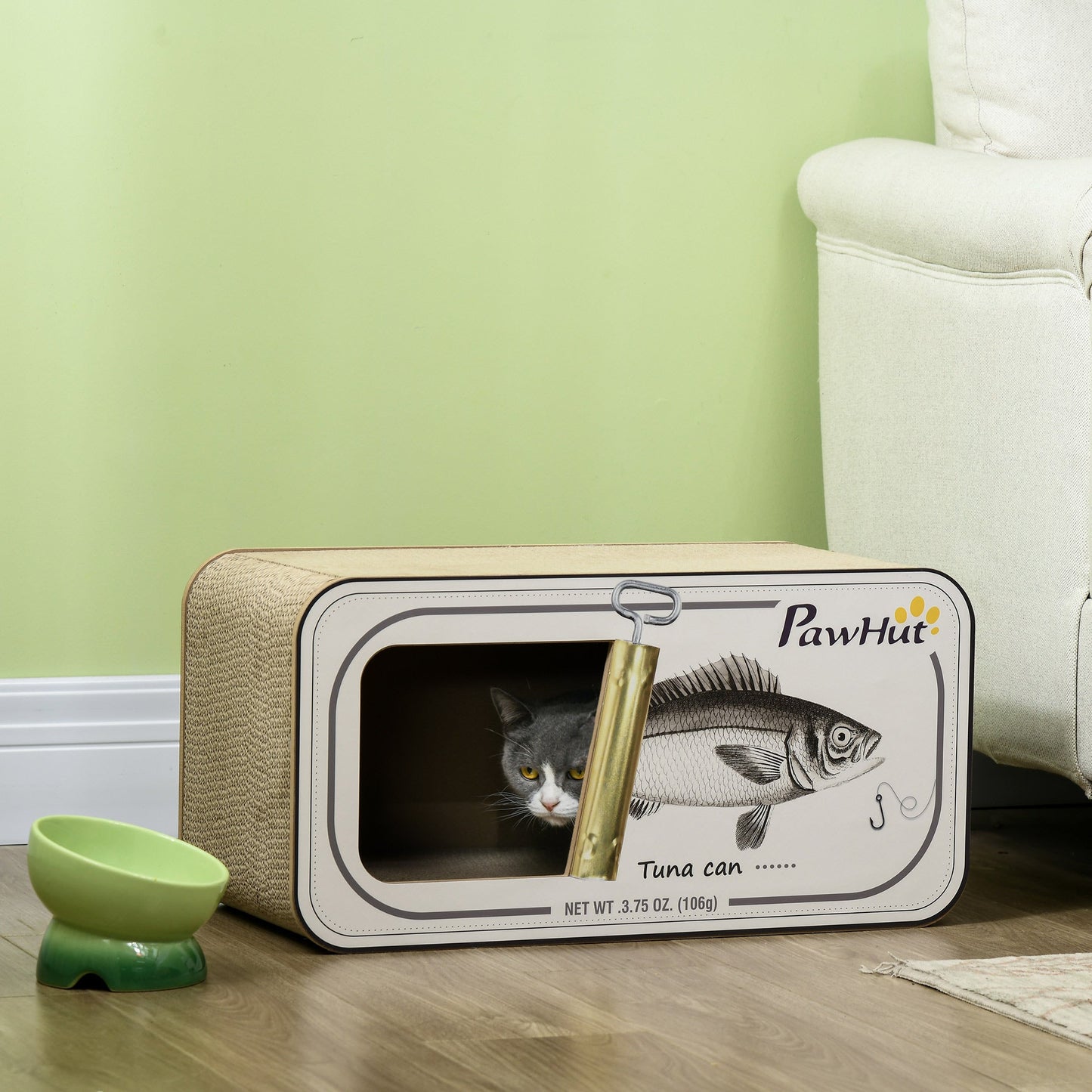 Cat Scratching Board, 2 in 1 Cat Scratcher Cardboard with Catnip, Canned Tuna Design Cat House for Indoor Kitty, Cream White