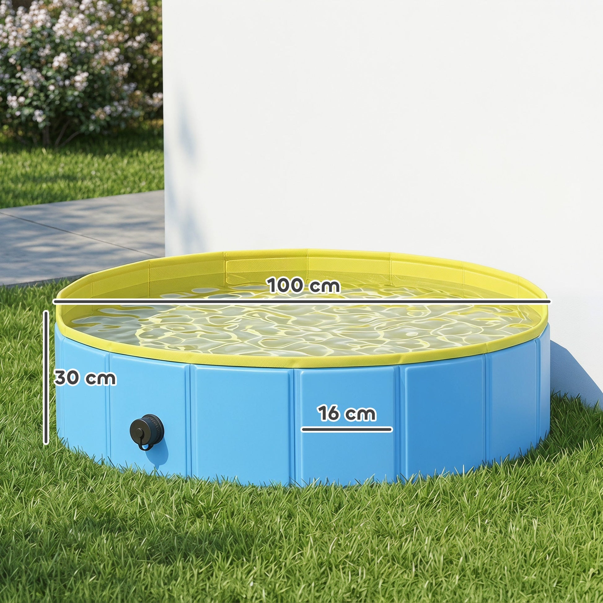 Foldable Dog Pool for Puppies and Ducks, Thickened PVC Dog Paddling Pool Bath Tub Hard Board, Anti-Slip Bottom and Hose Adapter for Easy Drainage, 100 x 30cm, Blue and Yellow